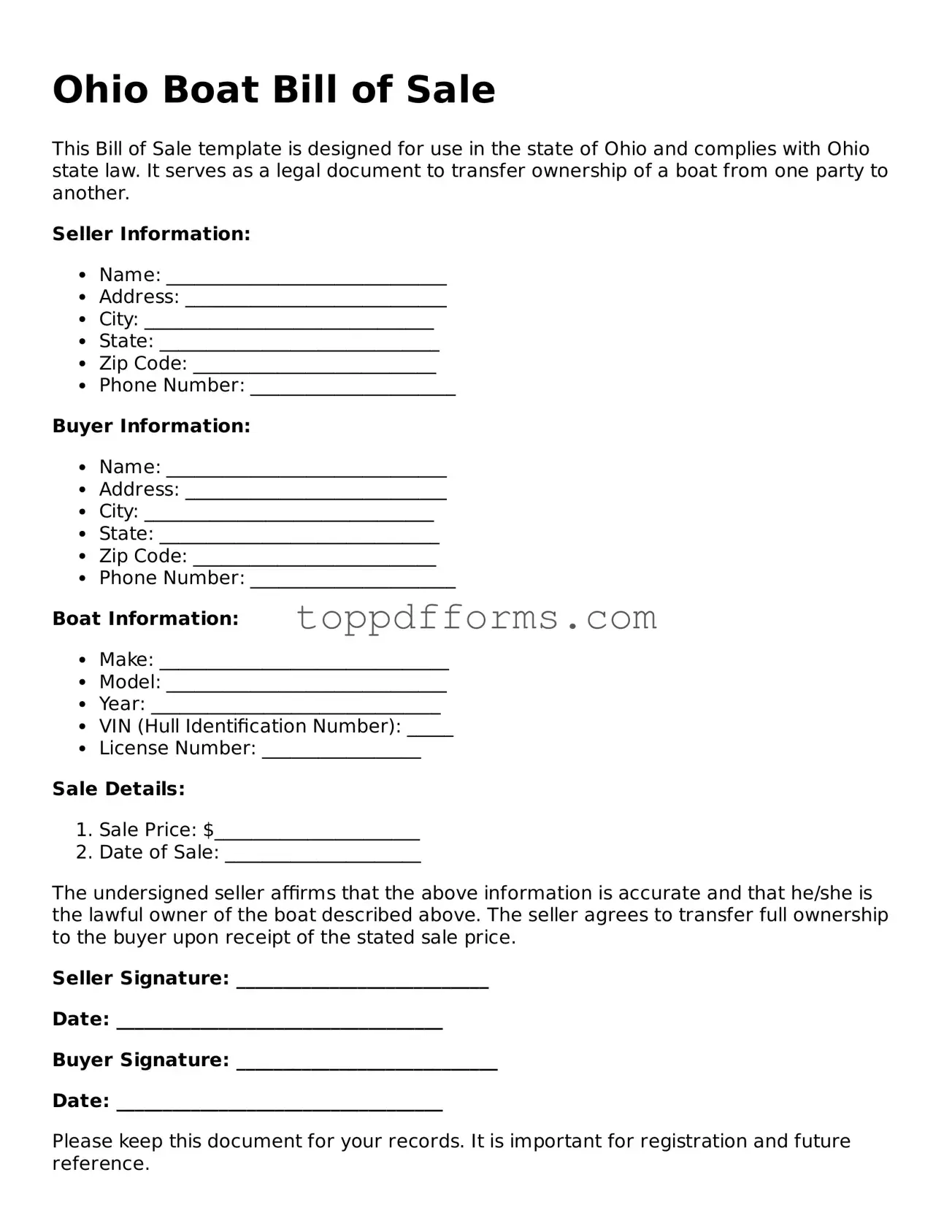 Boat Bill of Sale Document for Ohio State