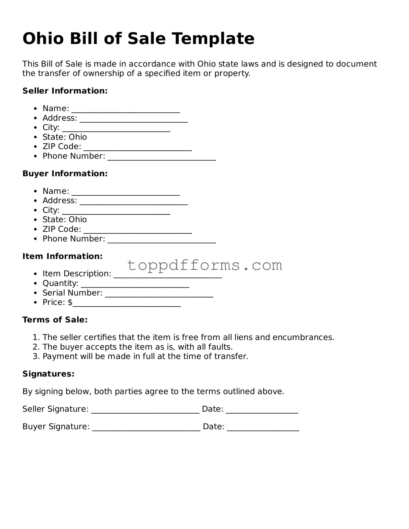 Bill of Sale Document for Ohio State