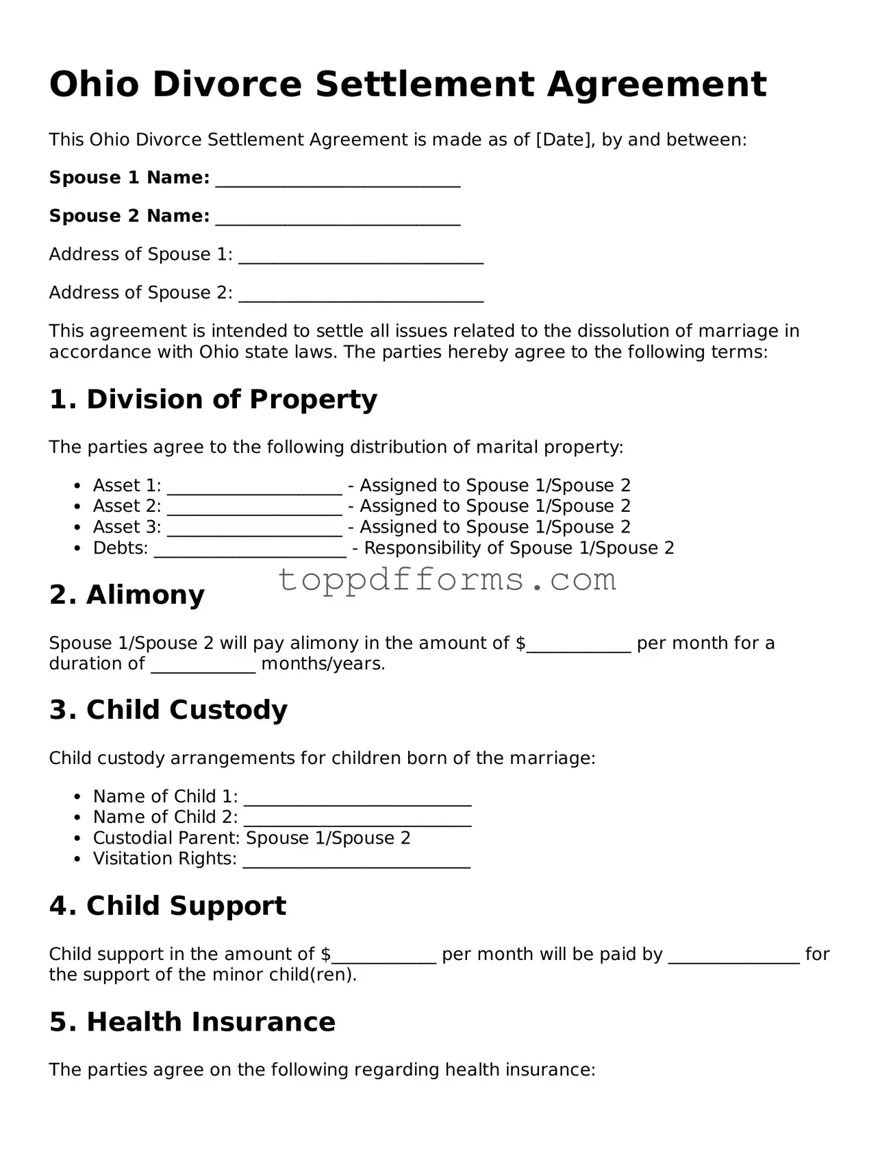 Divorce Settlement Agreement Document for Ohio State