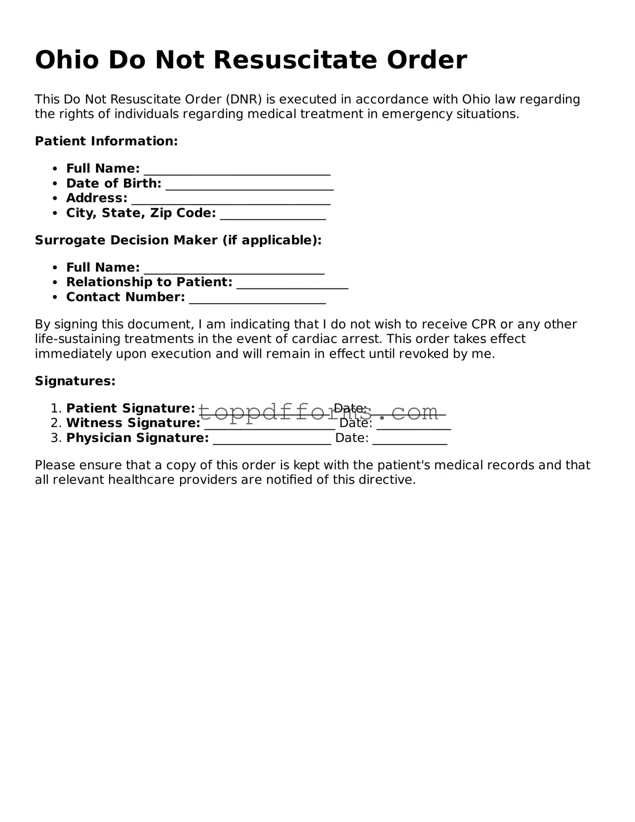 Do Not Resuscitate Order Document for Ohio State