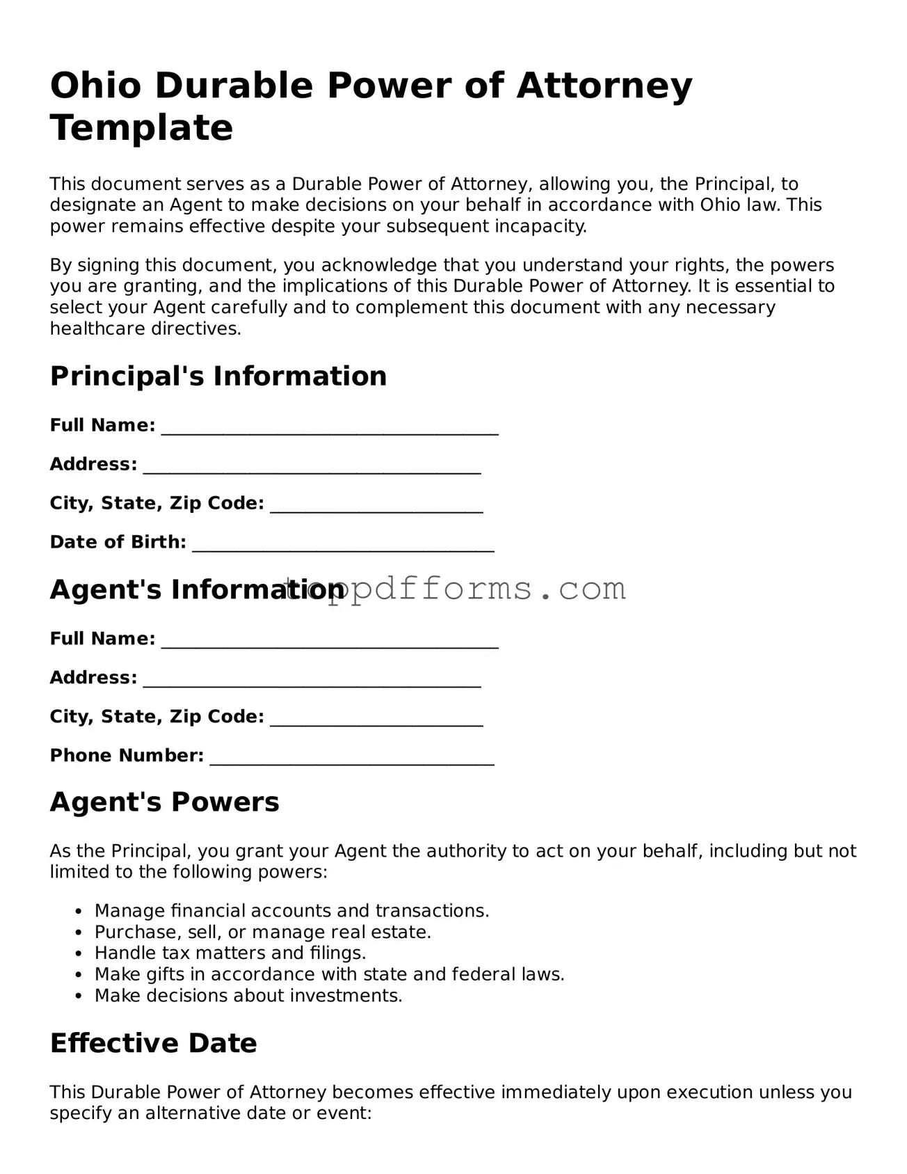 Durable Power of Attorney Document for Ohio State
