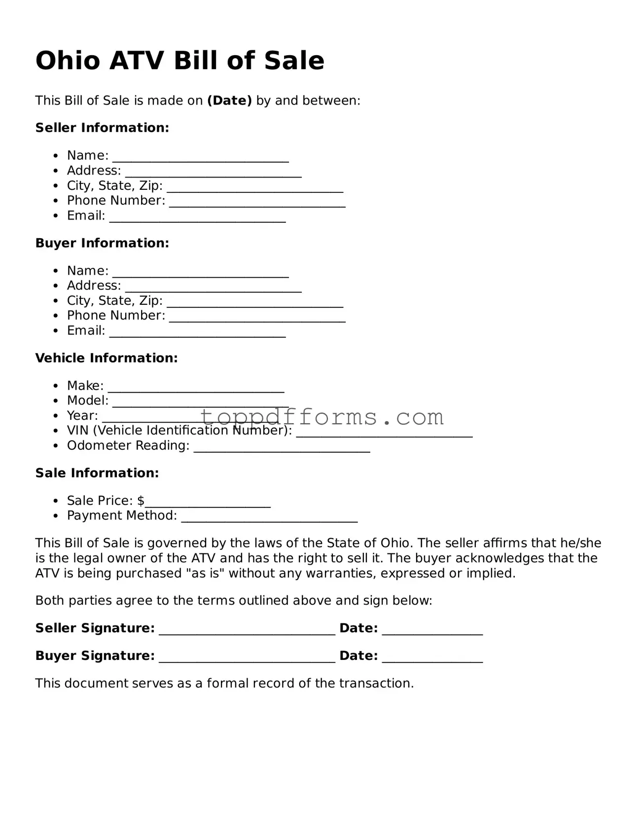 ATV Bill of Sale Document for Ohio State