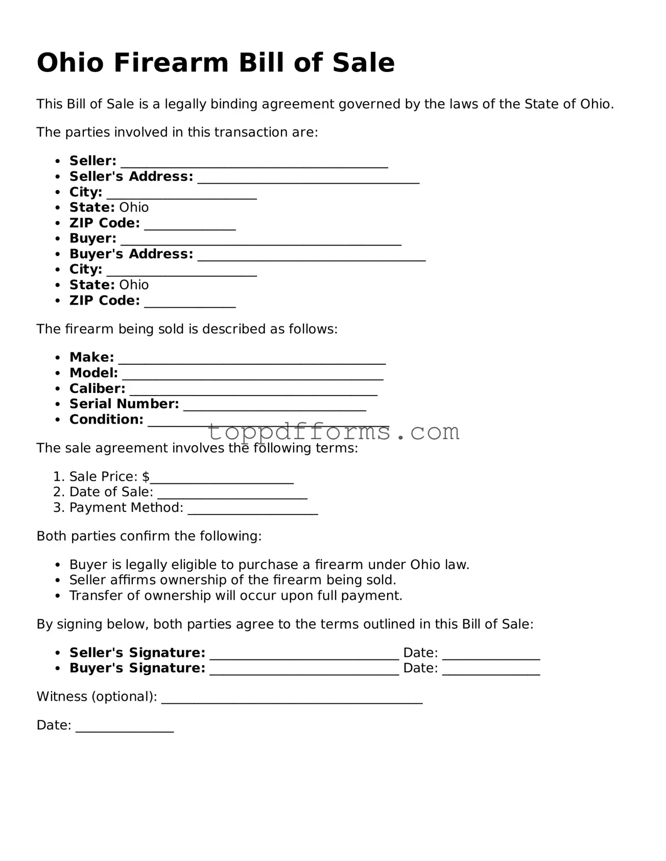 Firearm Bill of Sale Document for Ohio State