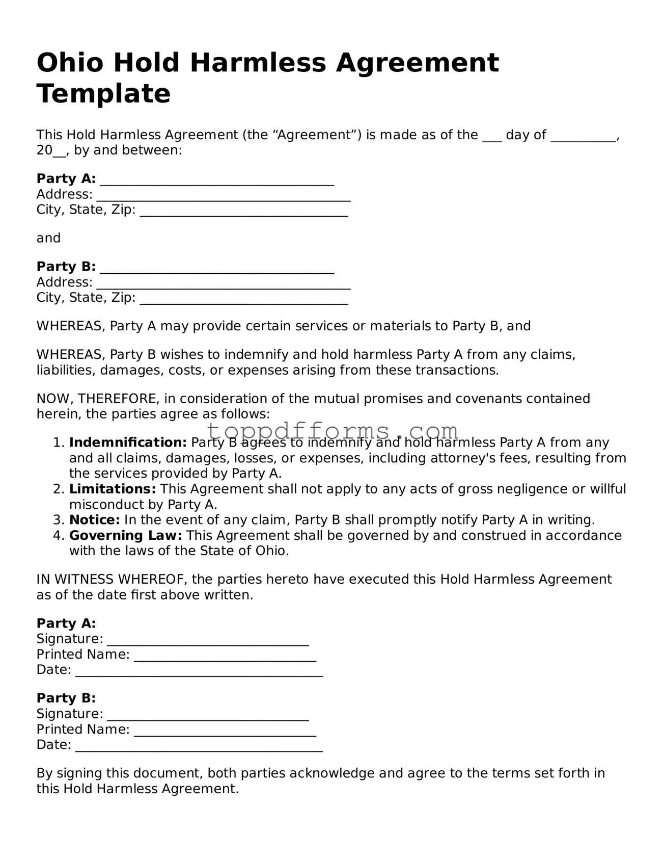 Hold Harmless Agreement Document for Ohio State