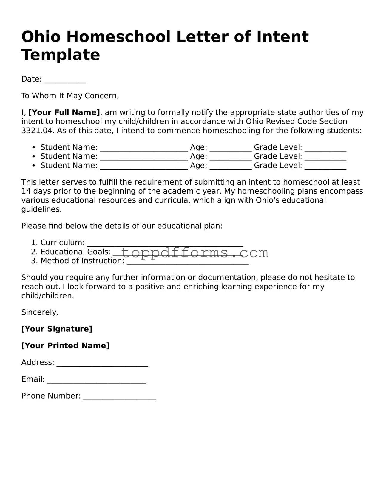 Homeschool Letter of Intent Document for Ohio State