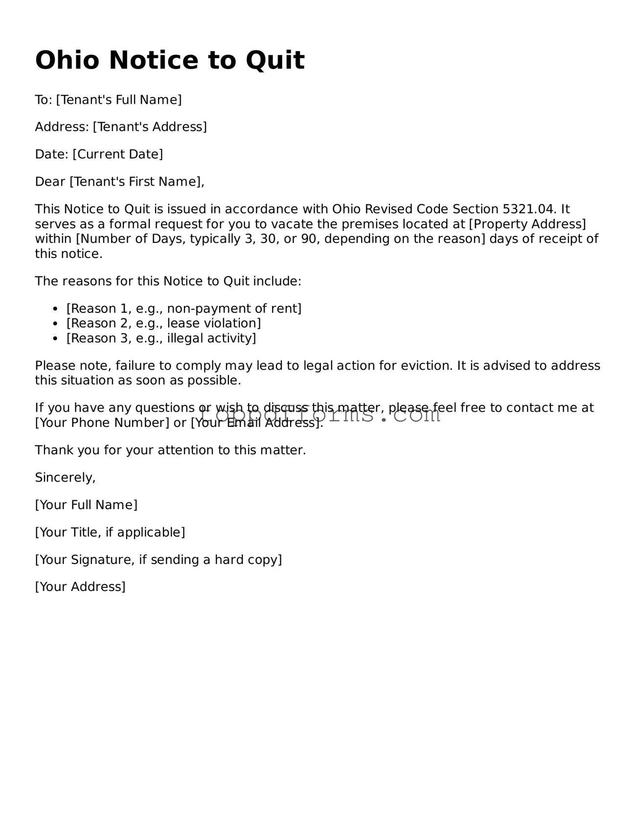 Notice to Quit Document for Ohio State