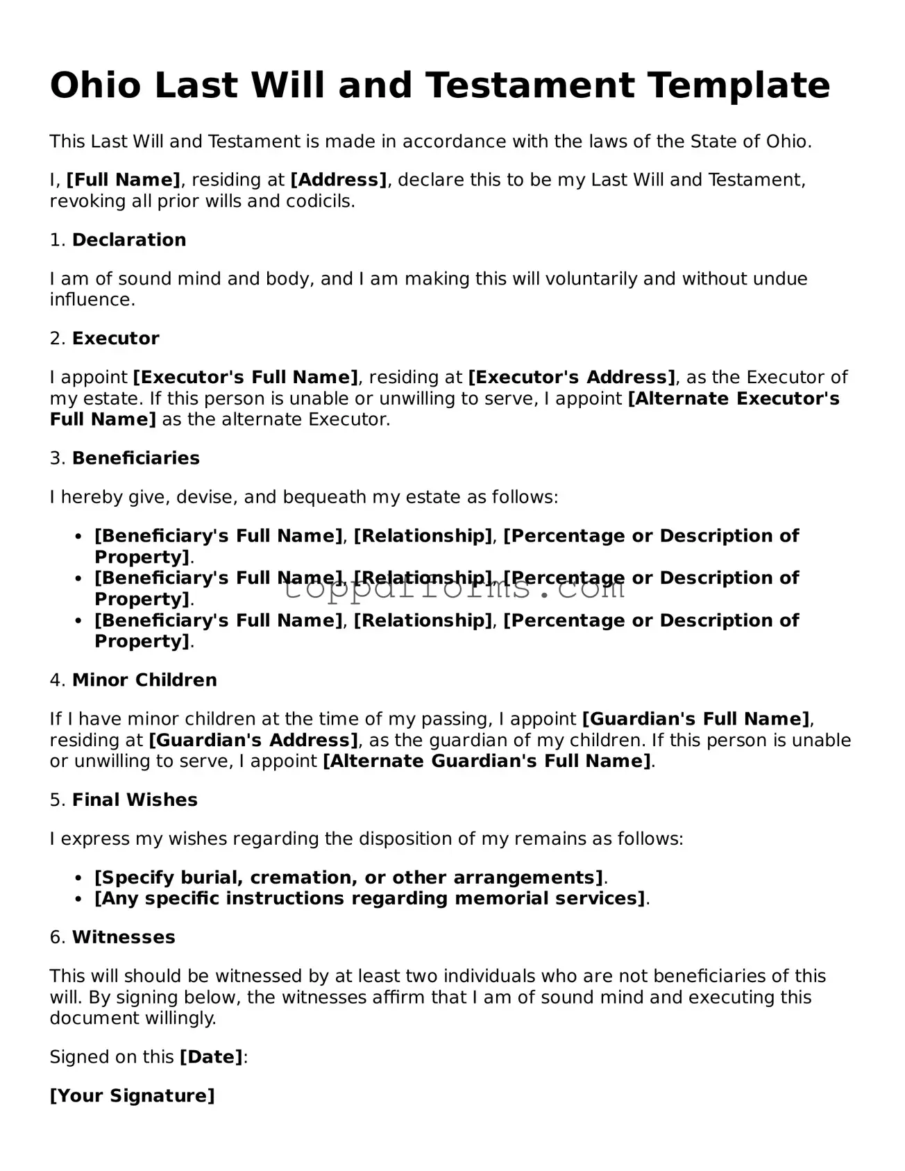 Last Will and Testament Document for Ohio State