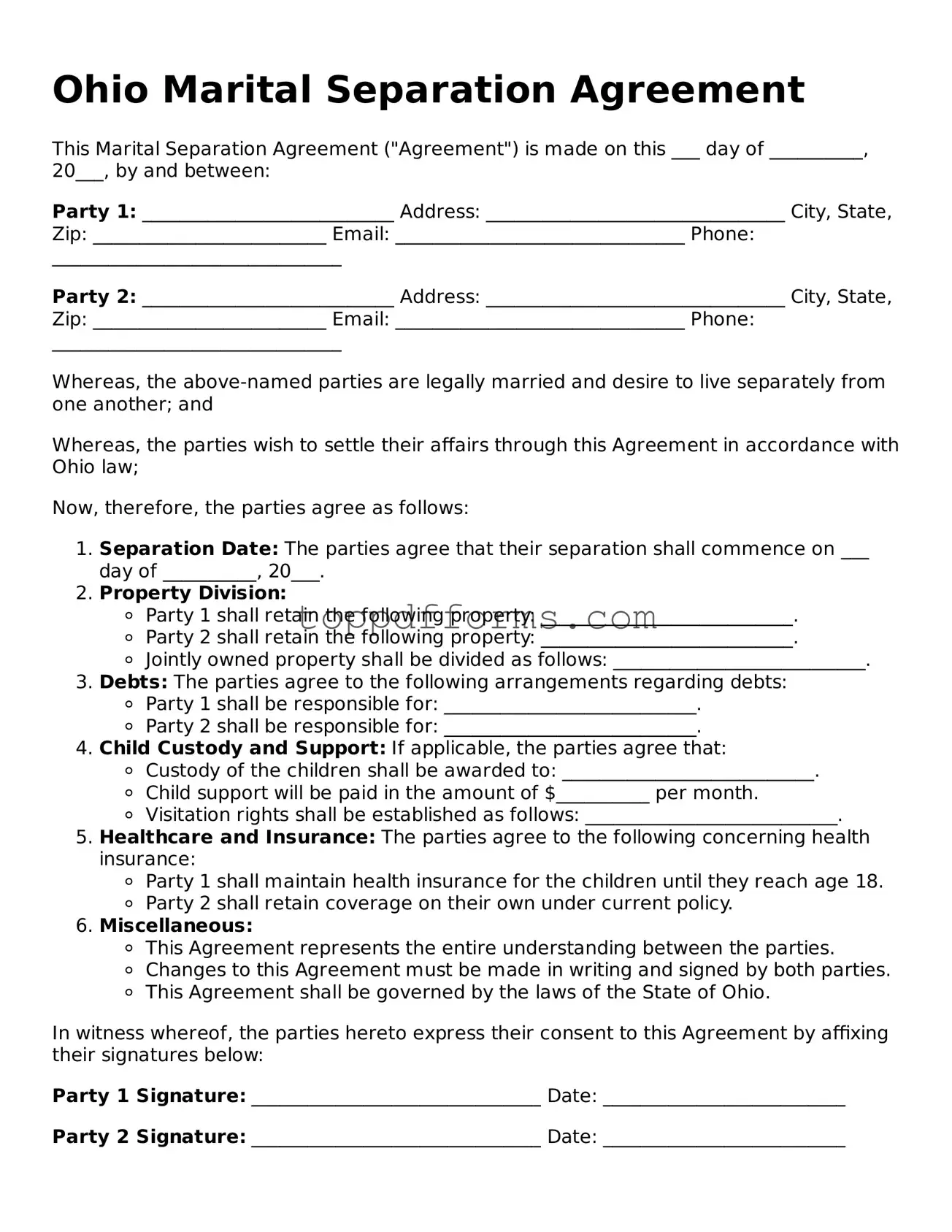 Marital Separation Agreement Document for Ohio State
