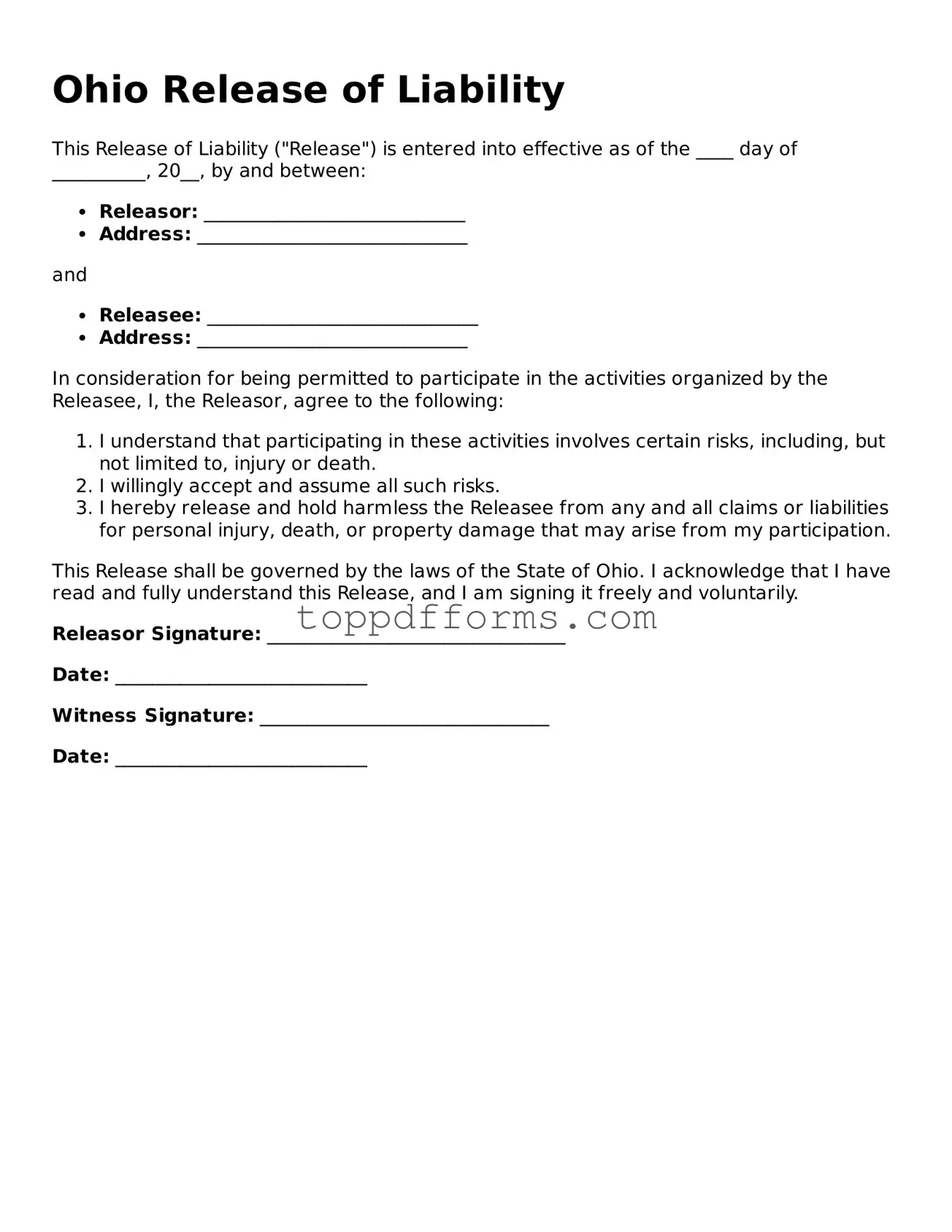 Release of Liability Document for Ohio State