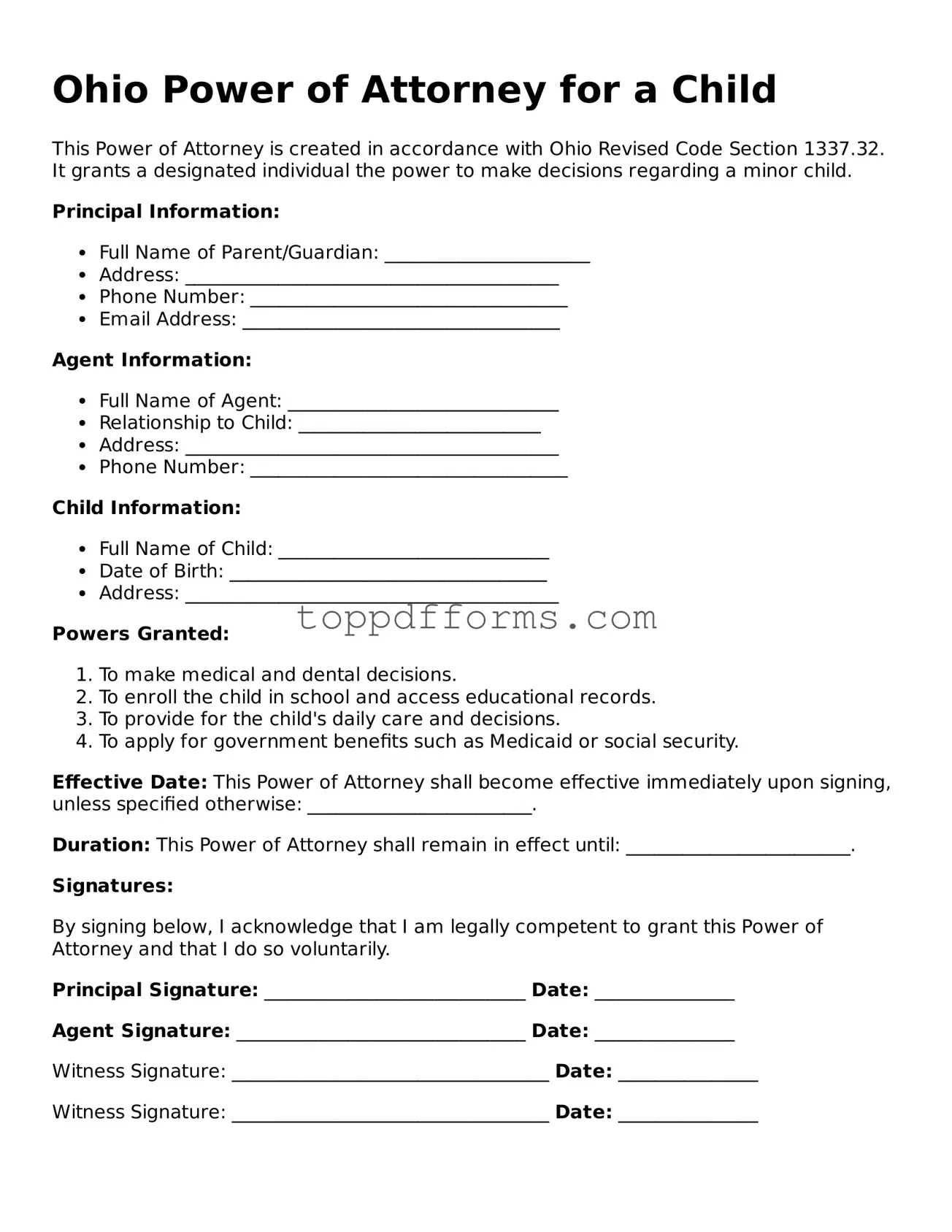 Power of Attorney for a Child Document for Ohio State