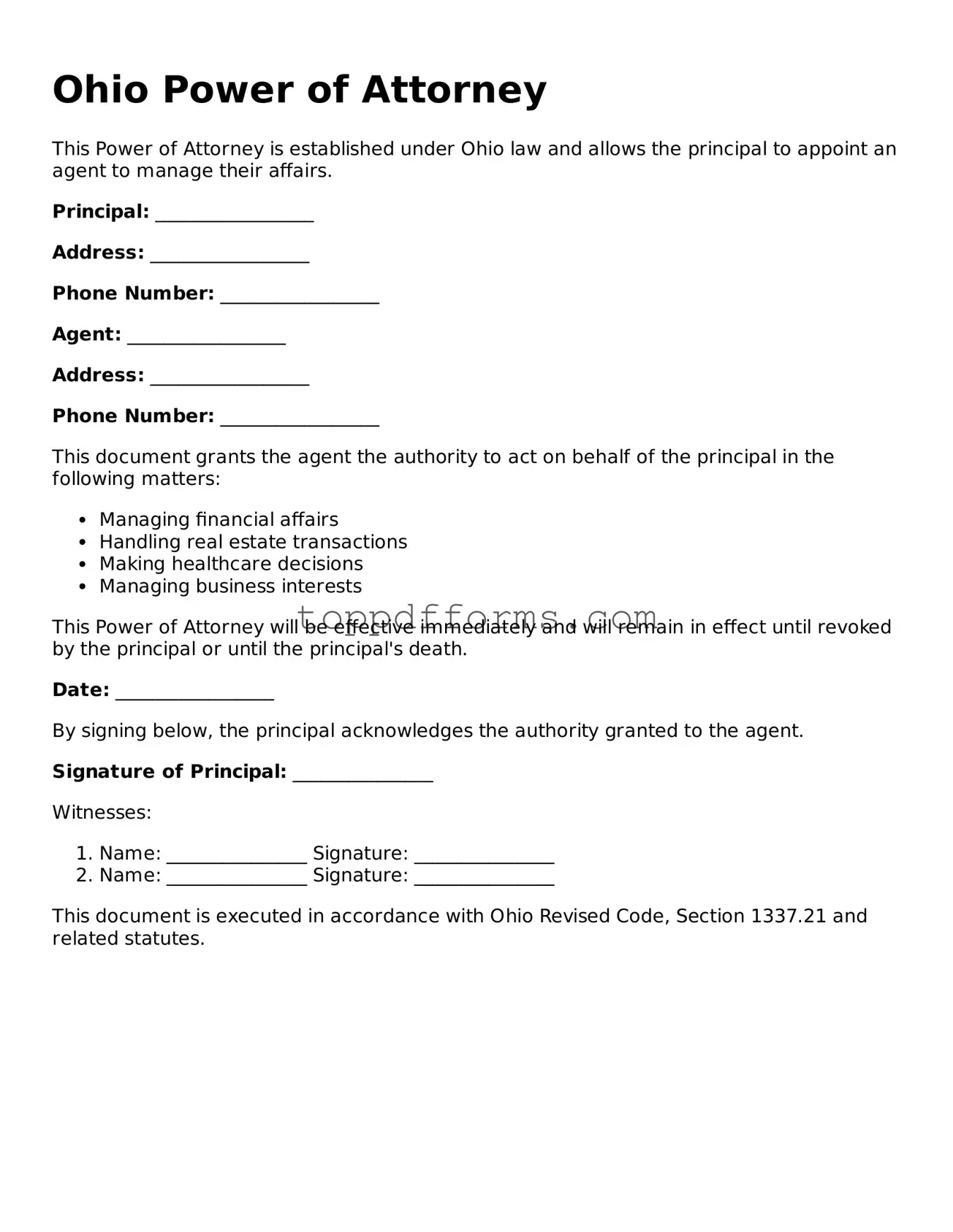 Power of Attorney Document for Ohio State