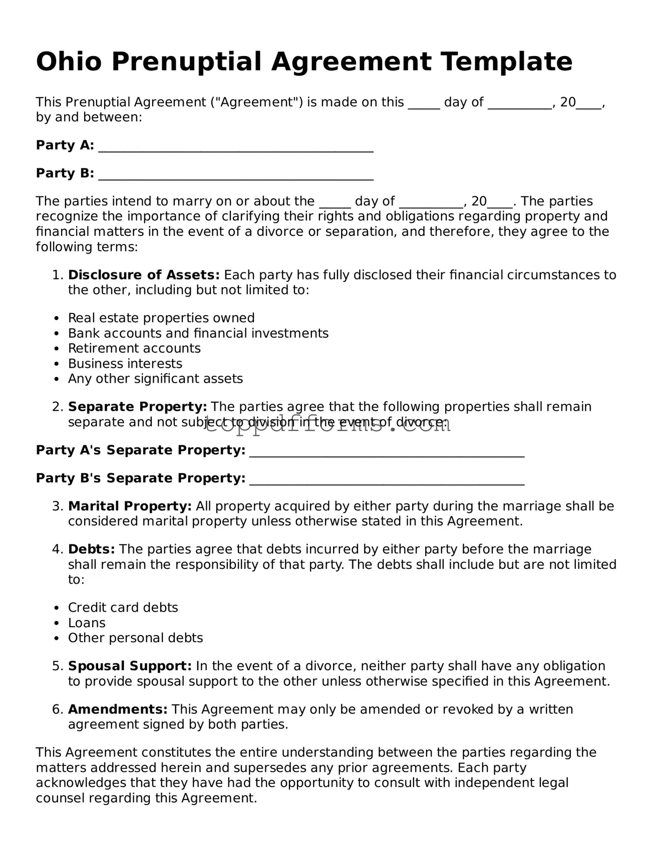 Prenuptial Agreement Document for Ohio State