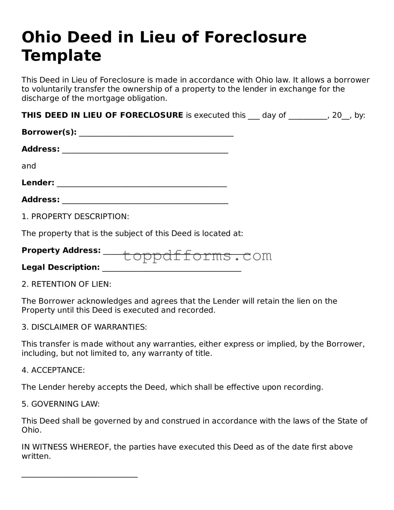 Deed in Lieu of Foreclosure Document for Ohio State