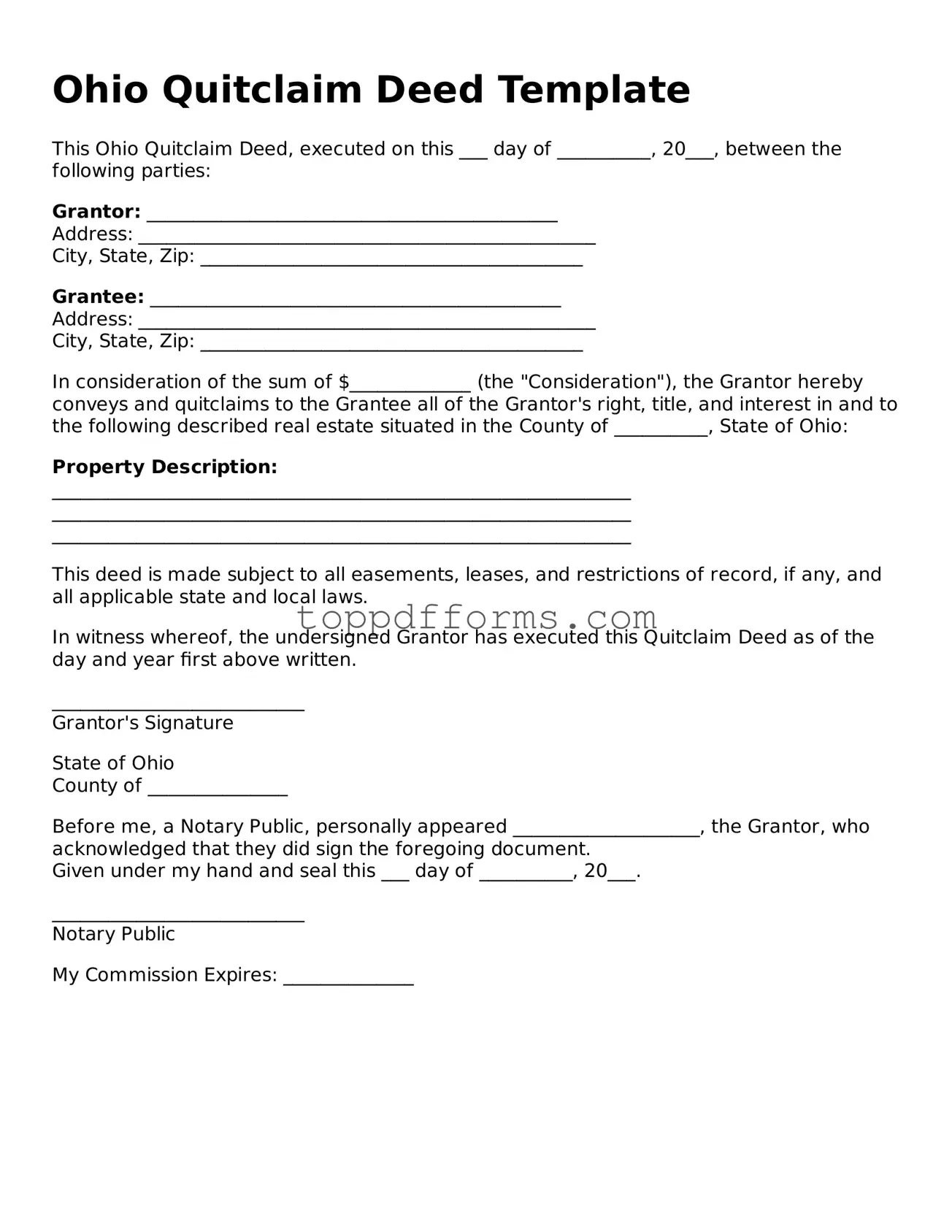 Quitclaim Deed Document for Ohio State