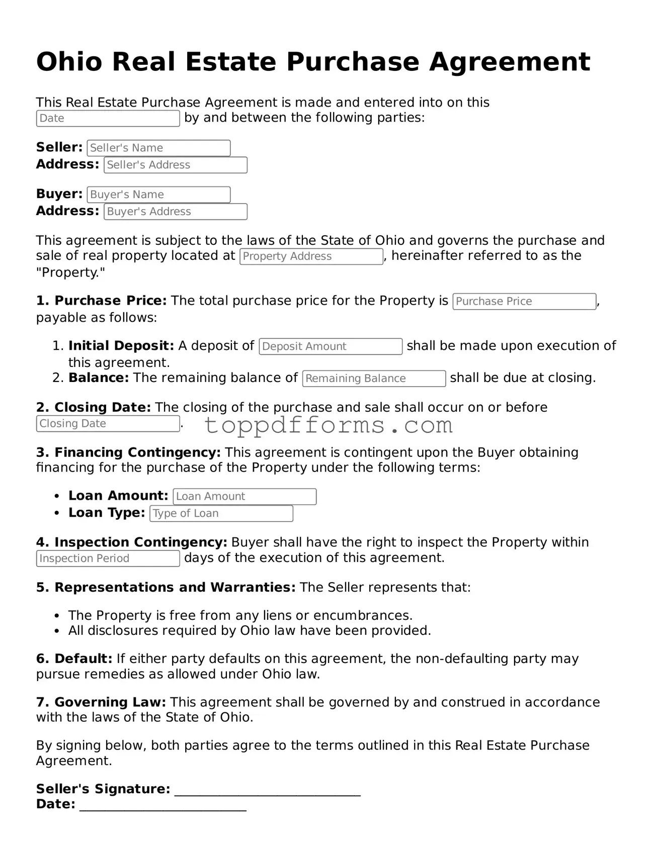 Real Estate Purchase Agreement Document for Ohio State