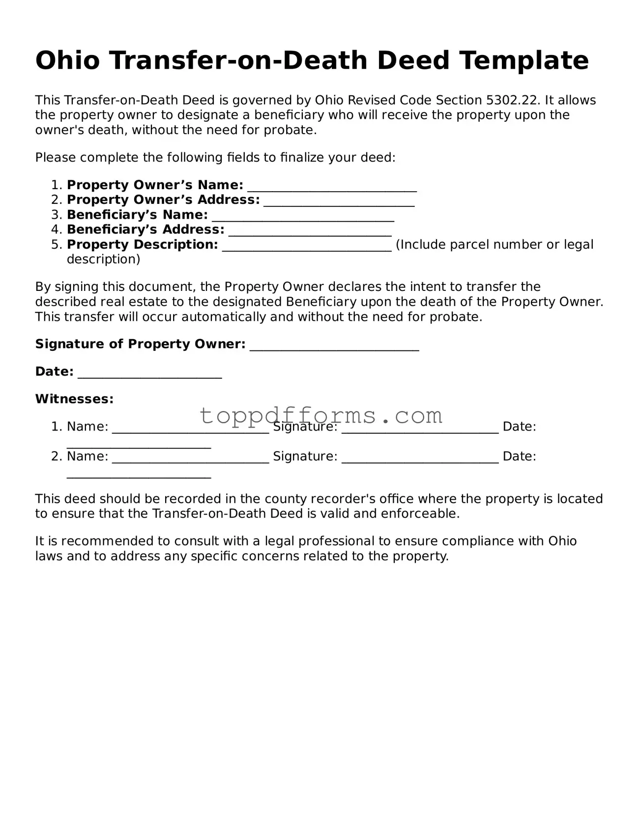 Transfer-on-Death Deed Document for Ohio State