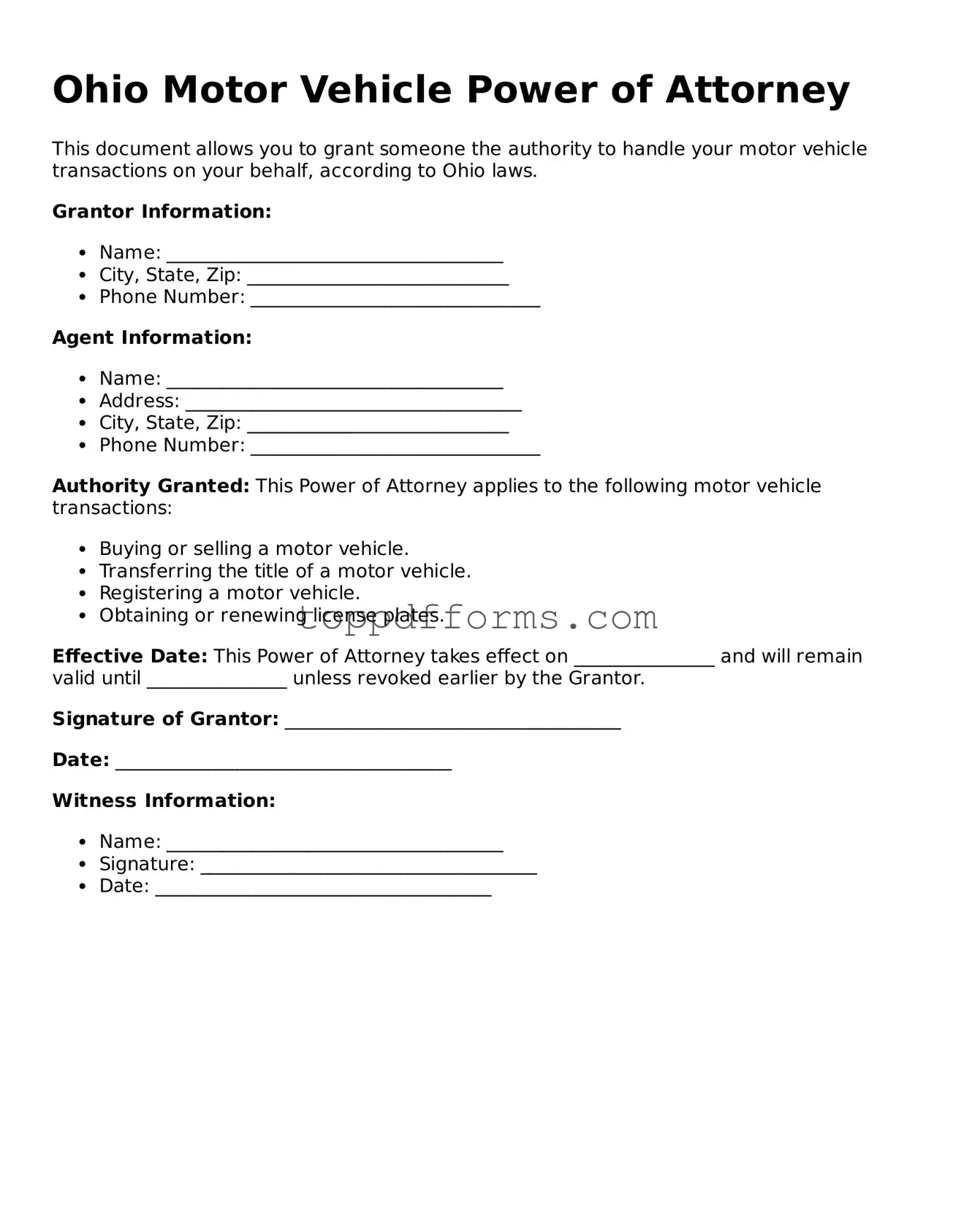 Motor Vehicle Power of Attorney Document for Ohio State
