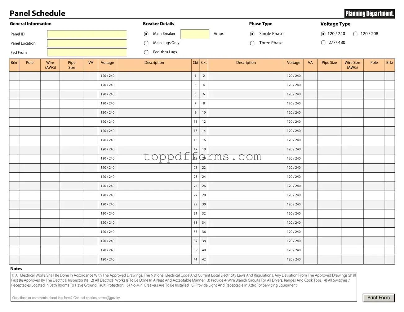 Free Electrical Panel Schedule Form