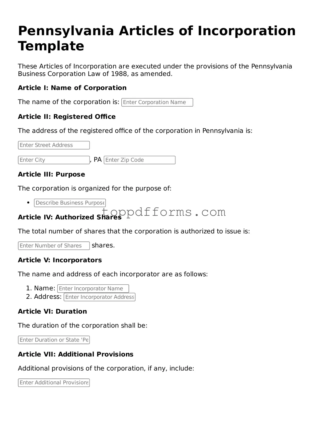 Articles of Incorporation Document for Pennsylvania State