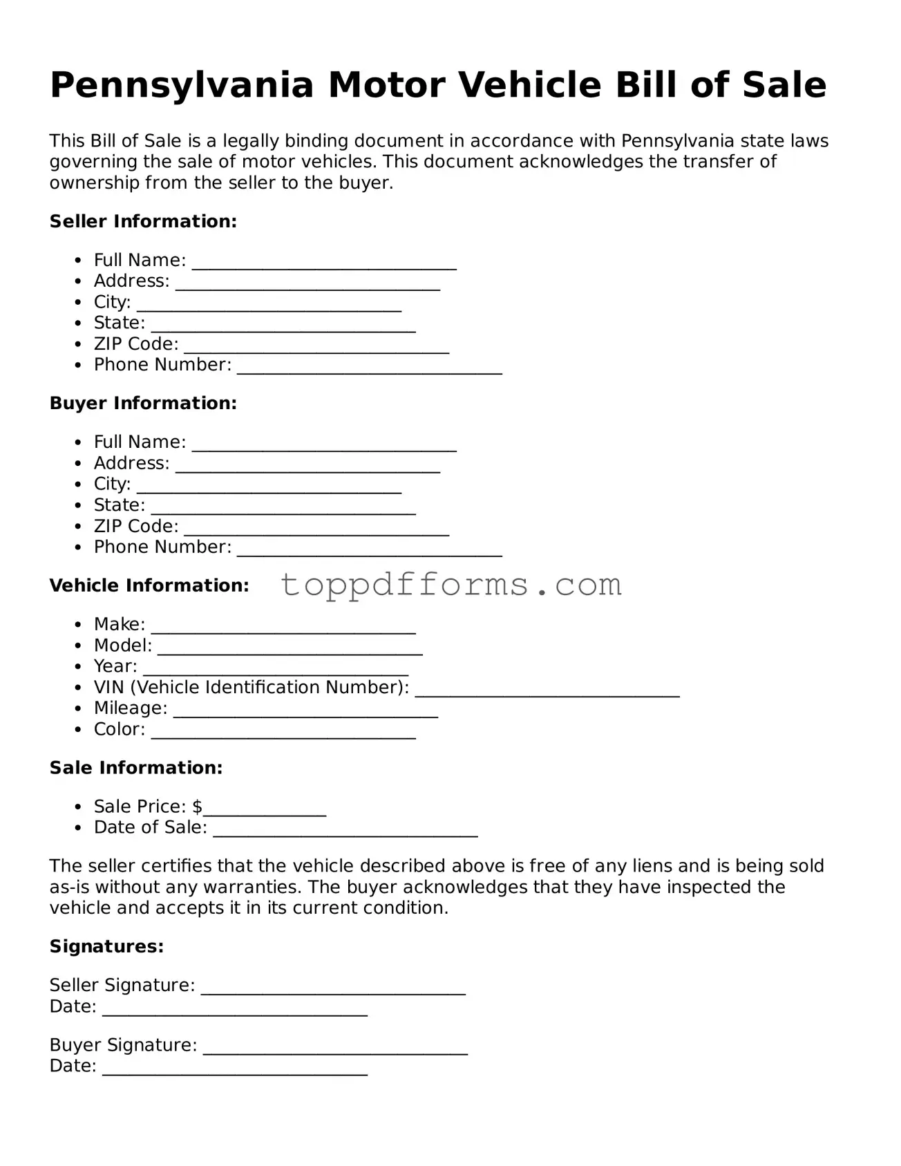 Motor Vehicle Bill of Sale Document for Pennsylvania State