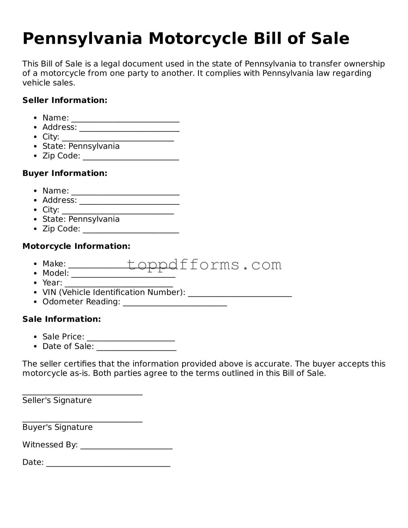 Motorcycle Bill of Sale Document for Pennsylvania State