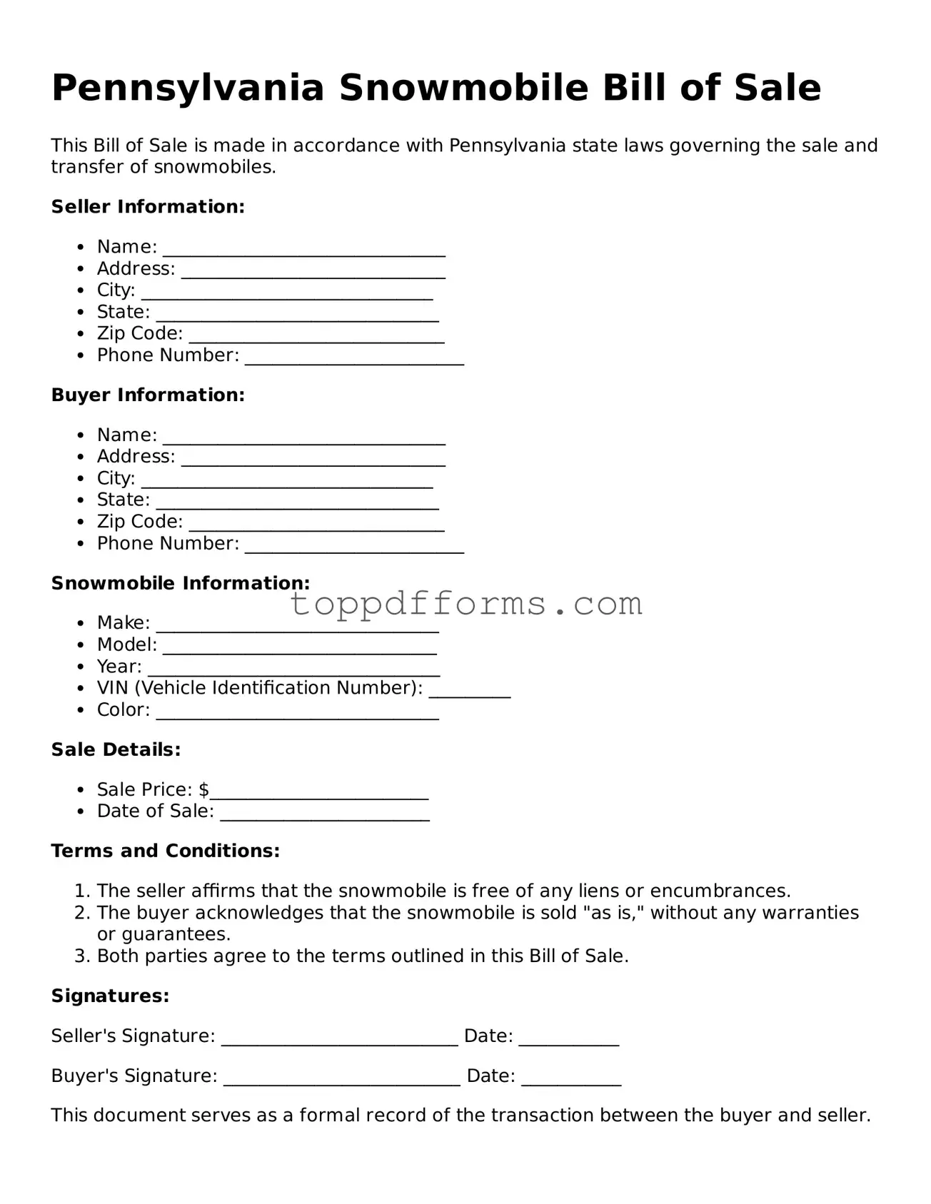 Snowmobile Bill of Sale Document for Pennsylvania State