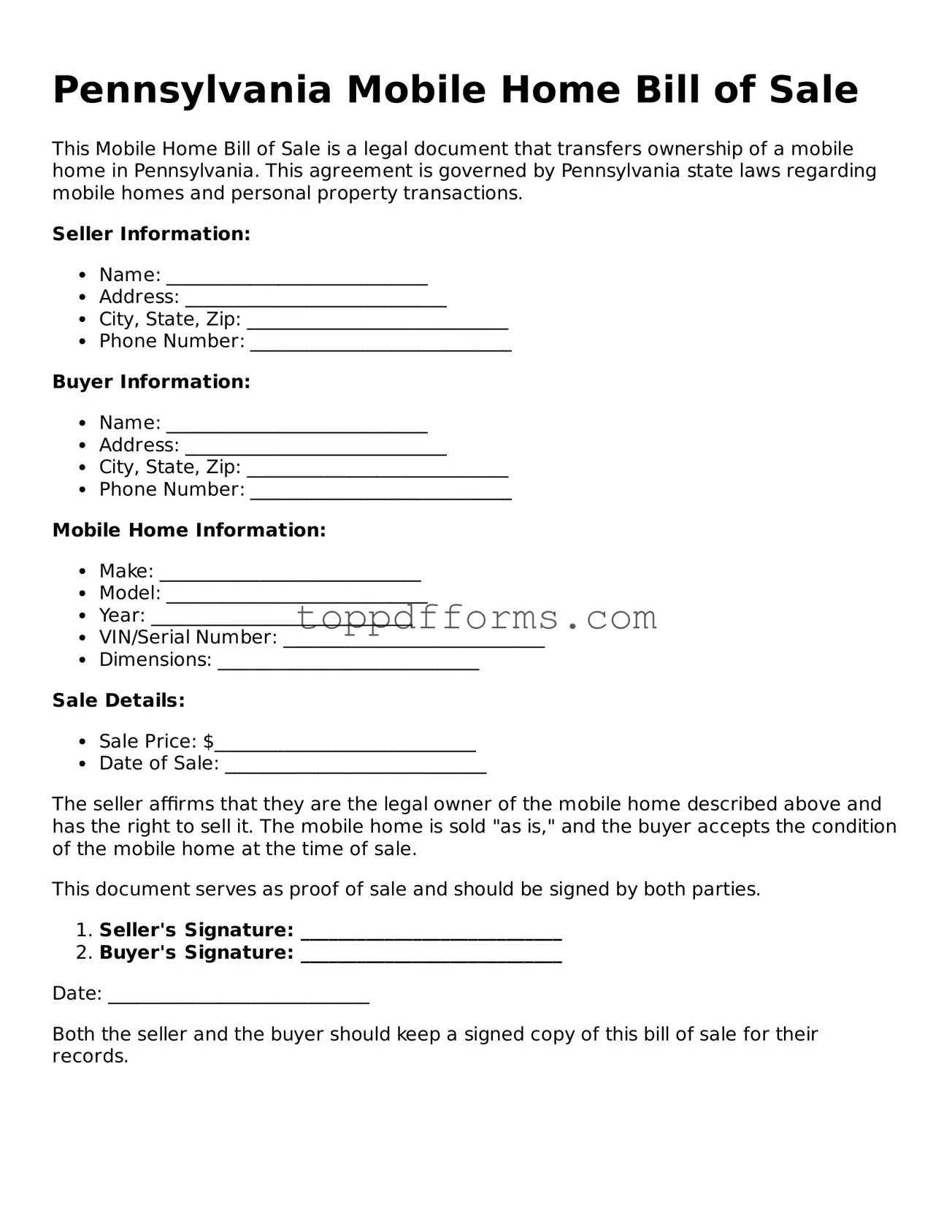 Mobile Home Bill of Sale Document for Pennsylvania State