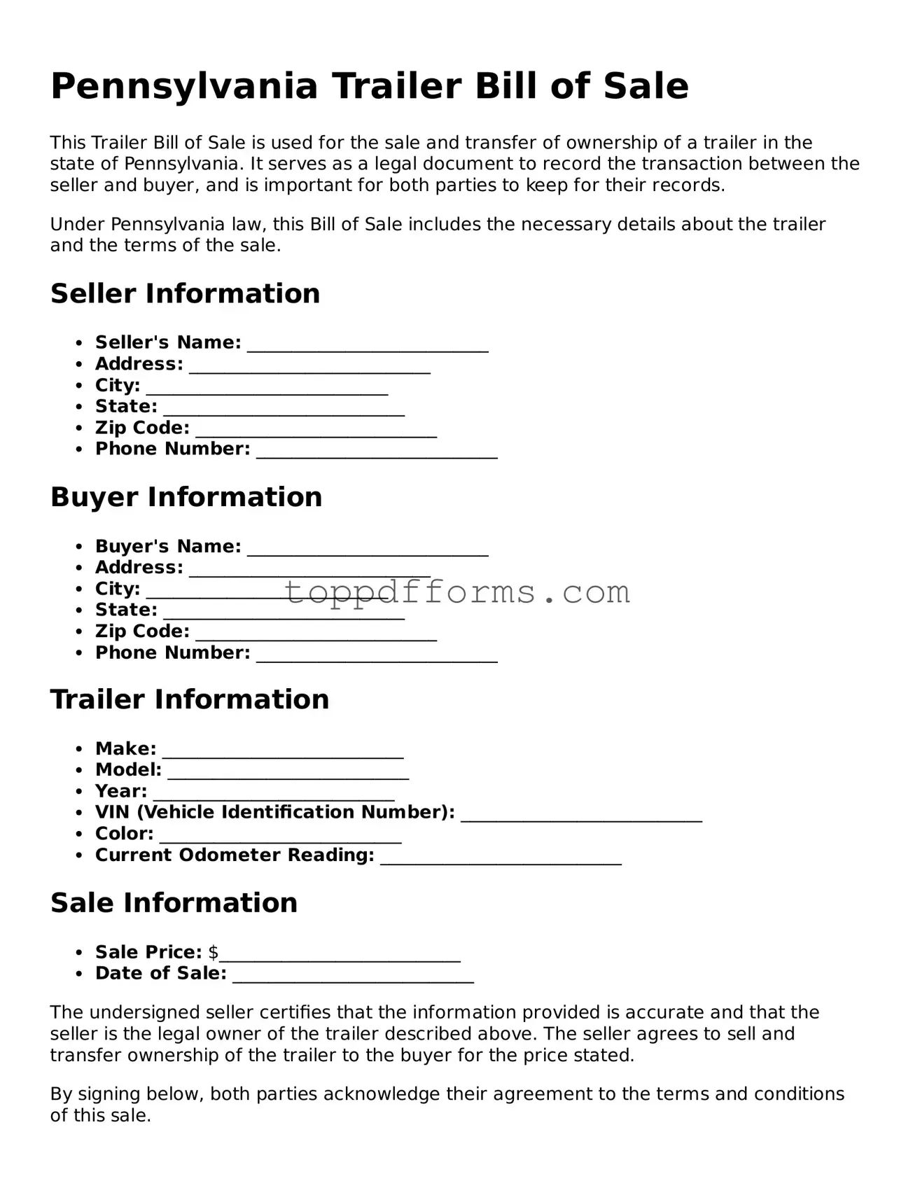 Trailer Bill of Sale Document for Pennsylvania State