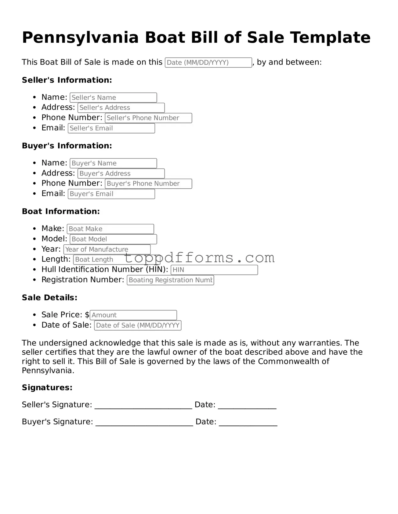 Boat Bill of Sale Document for Pennsylvania State