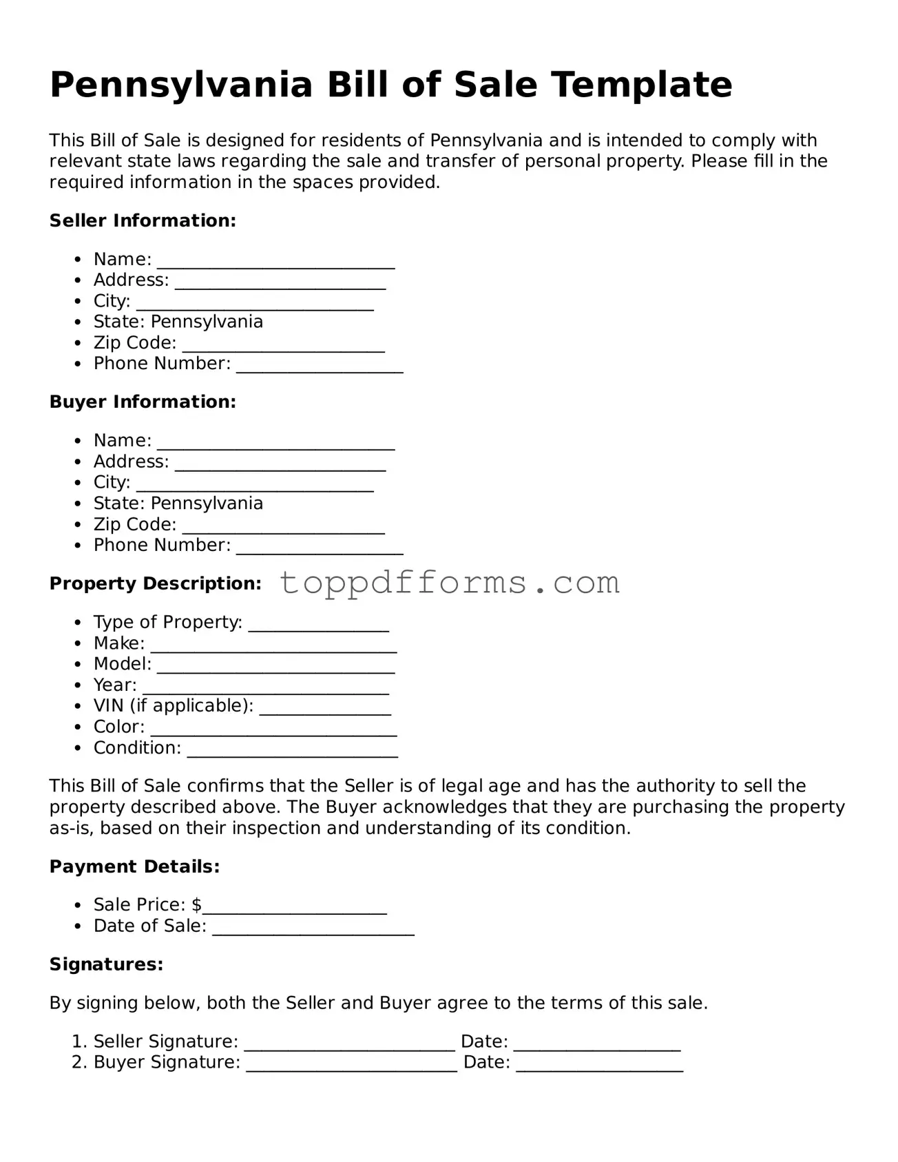 Bill of Sale Document for Pennsylvania State