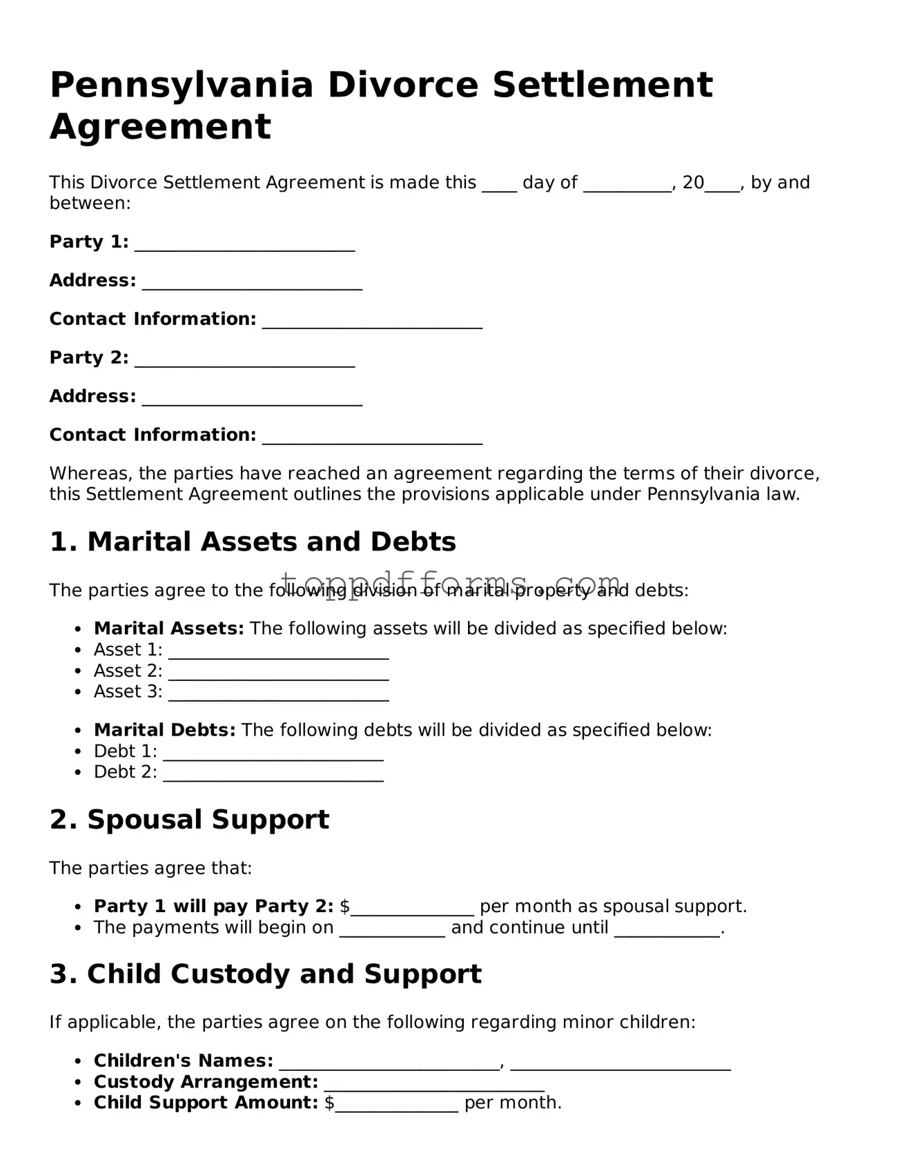 Divorce Settlement Agreement Document for Pennsylvania State