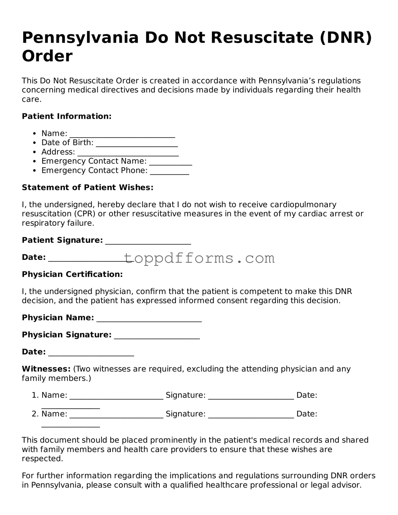 Do Not Resuscitate Order Document for Pennsylvania State