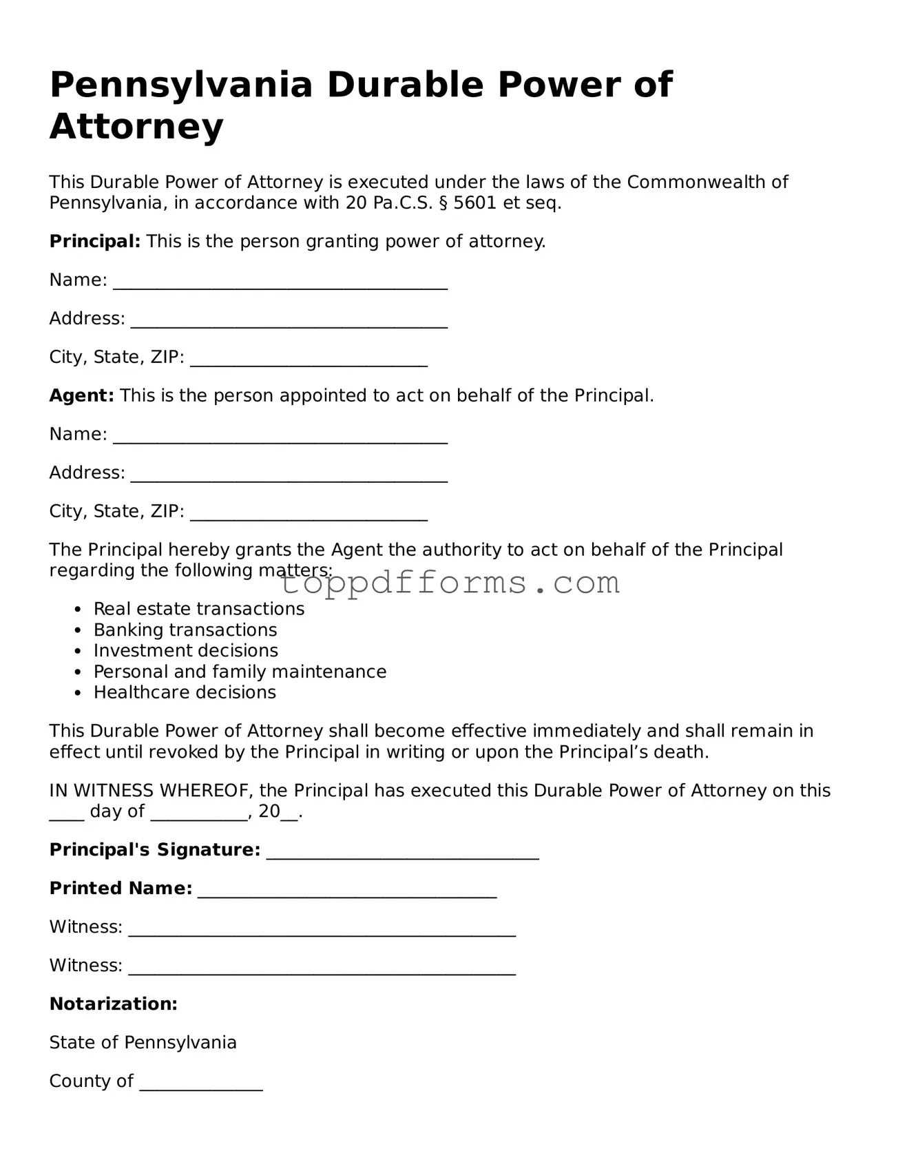 Durable Power of Attorney Document for Pennsylvania State