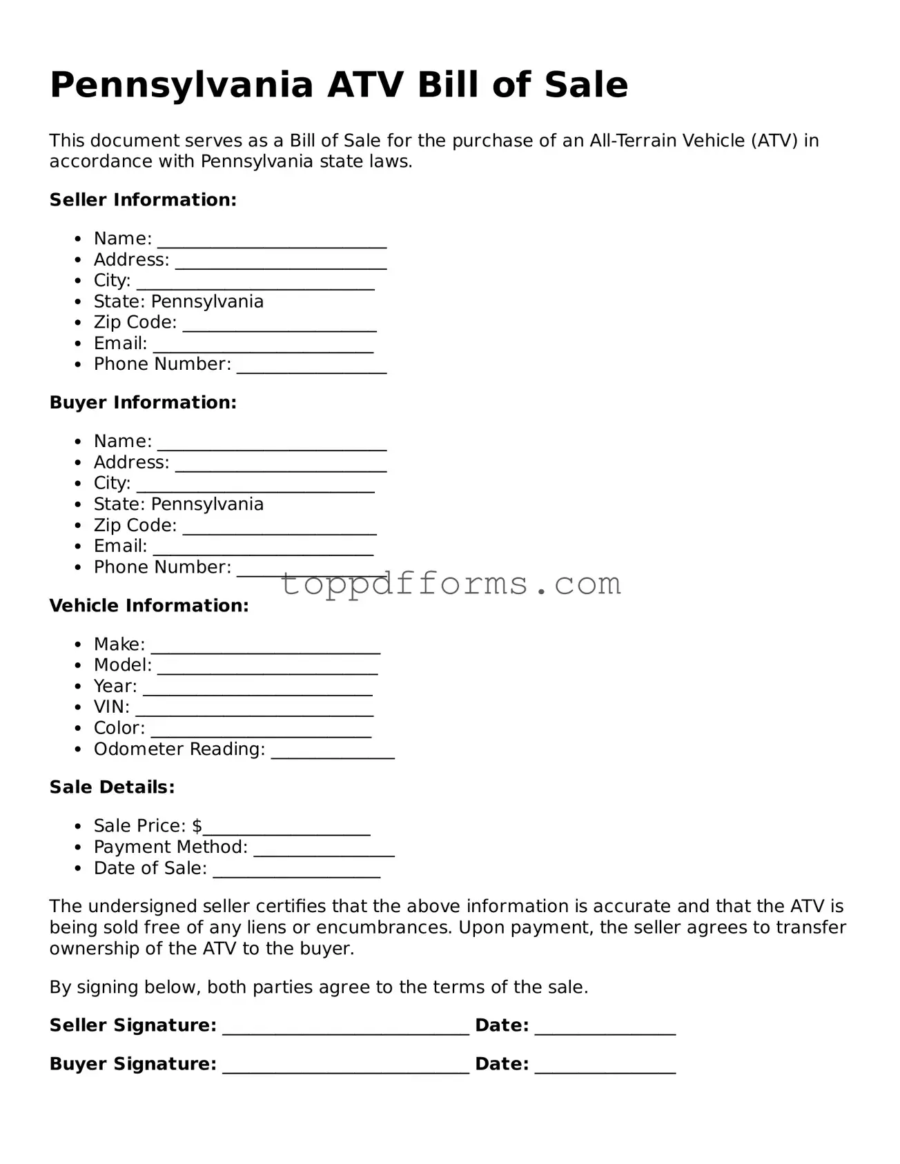 ATV Bill of Sale Document for Pennsylvania State