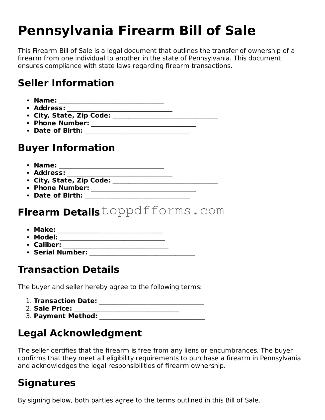 Firearm Bill of Sale Document for Pennsylvania State