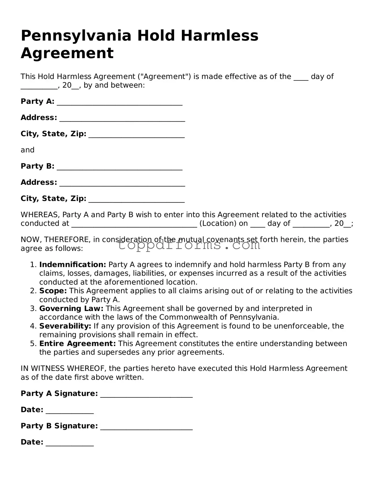 Hold Harmless Agreement Document for Pennsylvania State