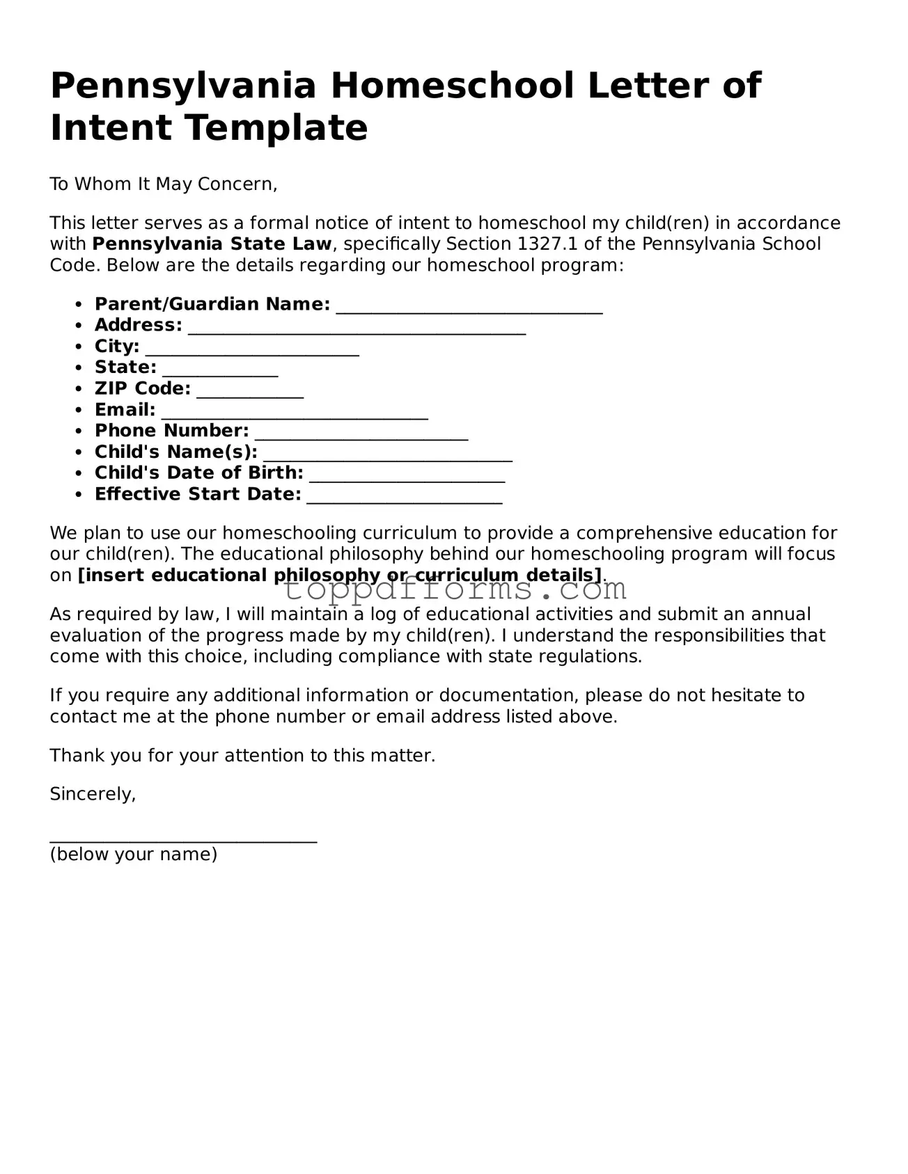 Homeschool Letter of Intent Document for Pennsylvania State