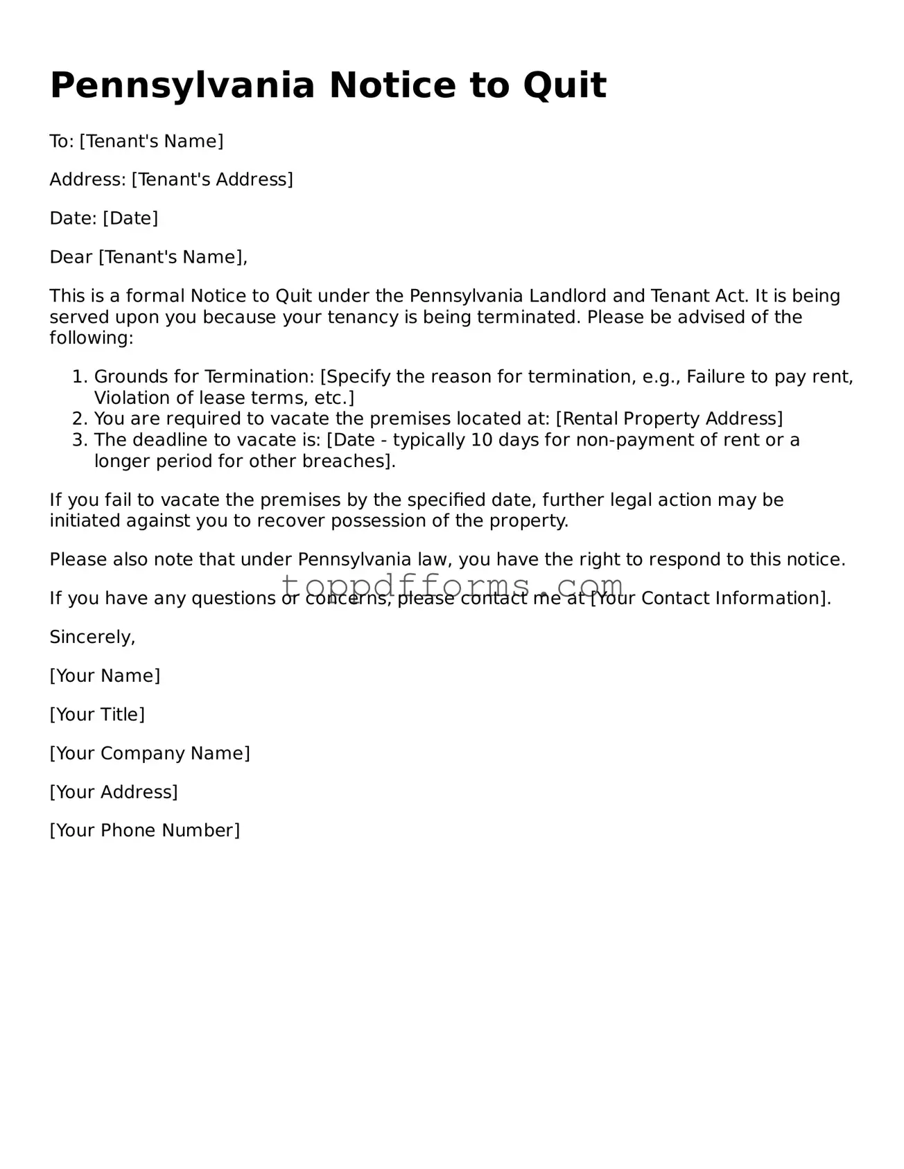 Notice to Quit Document for Pennsylvania State
