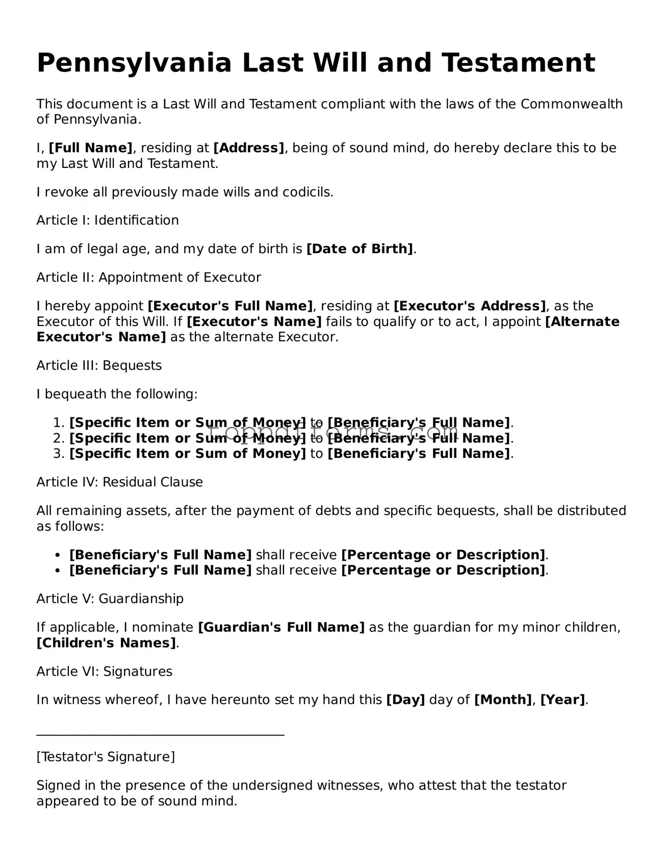 Last Will and Testament Document for Pennsylvania State