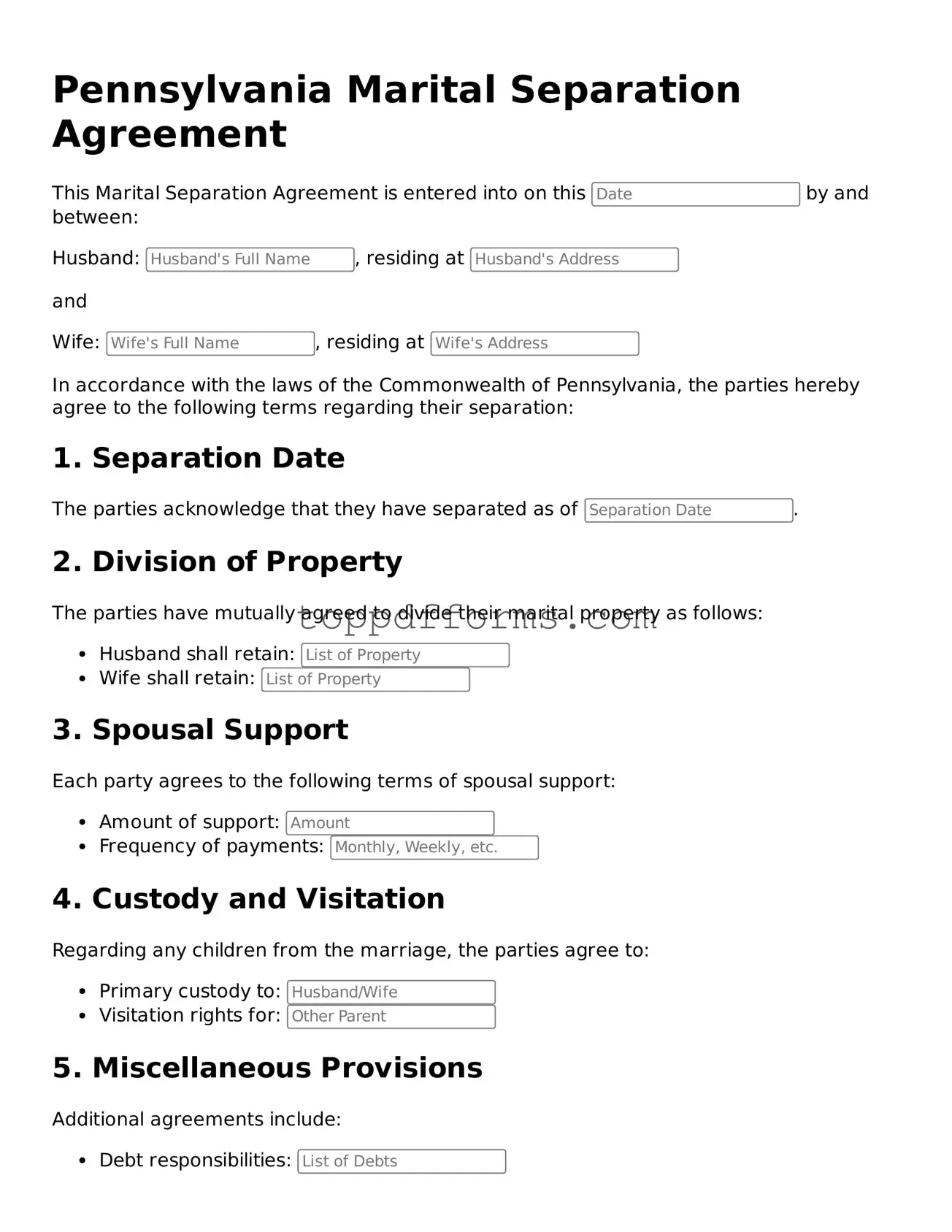 Marital Separation Agreement Document for Pennsylvania State