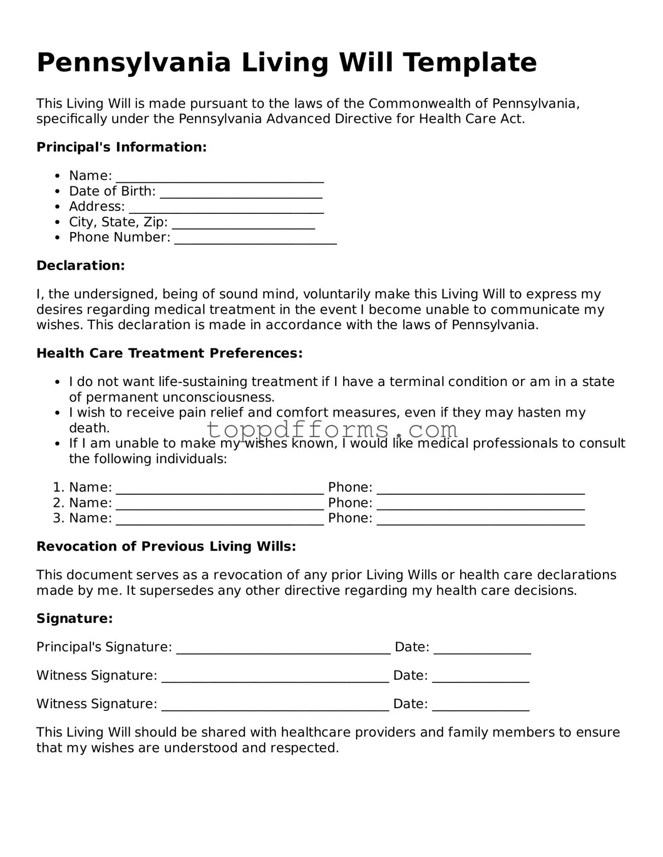 Living Will Document for Pennsylvania State