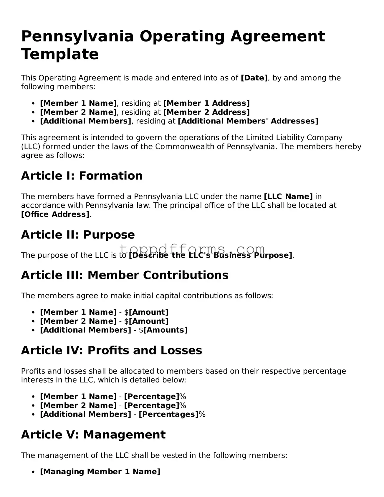 Operating Agreement Document for Pennsylvania State