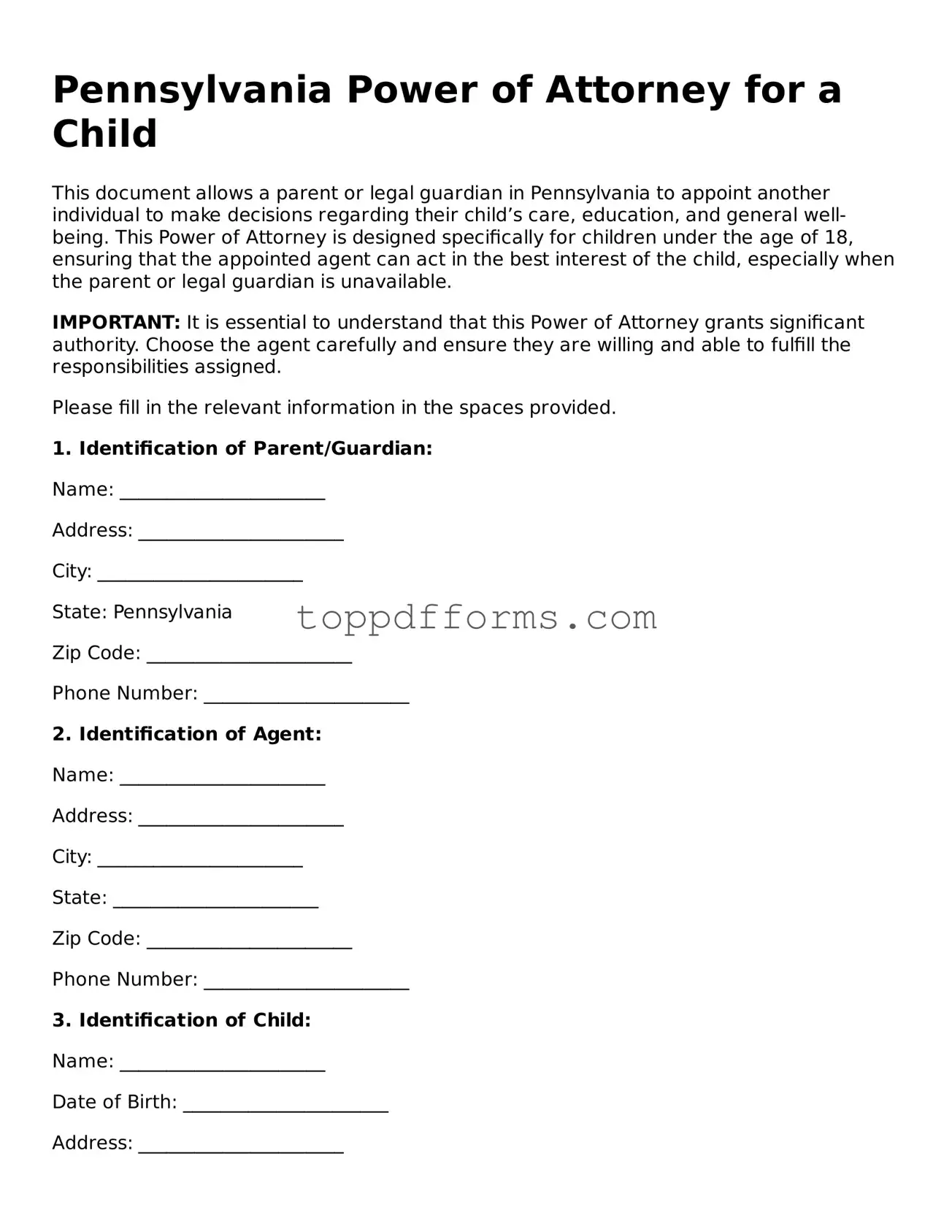 Power of Attorney for a Child Document for Pennsylvania State