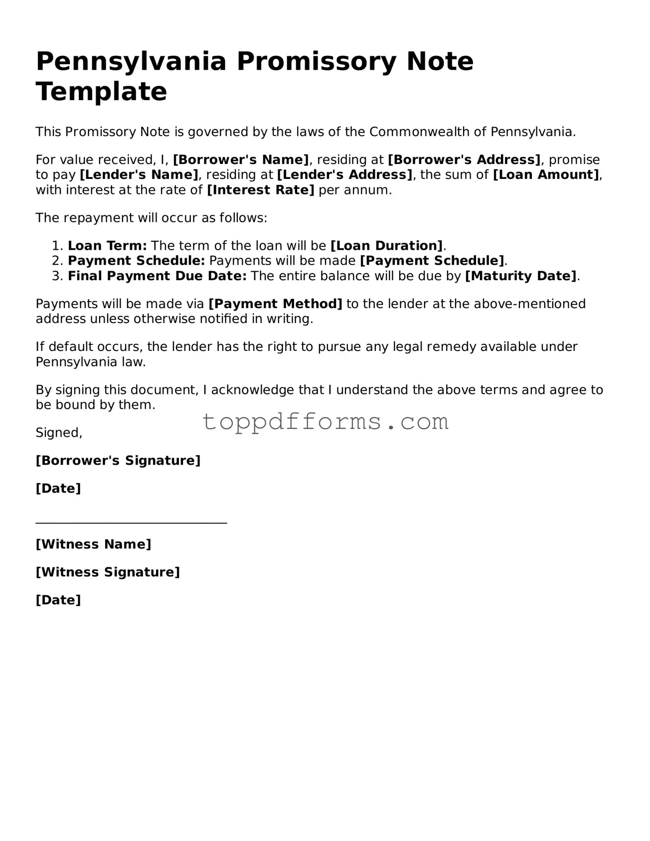 Promissory Note Document for Pennsylvania State