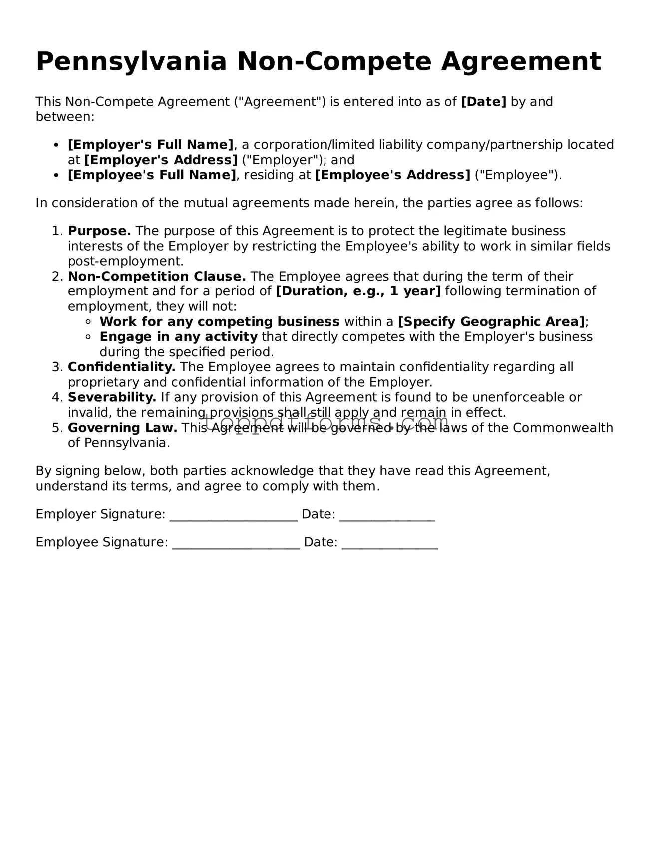 Non-compete Agreement Document for Pennsylvania State