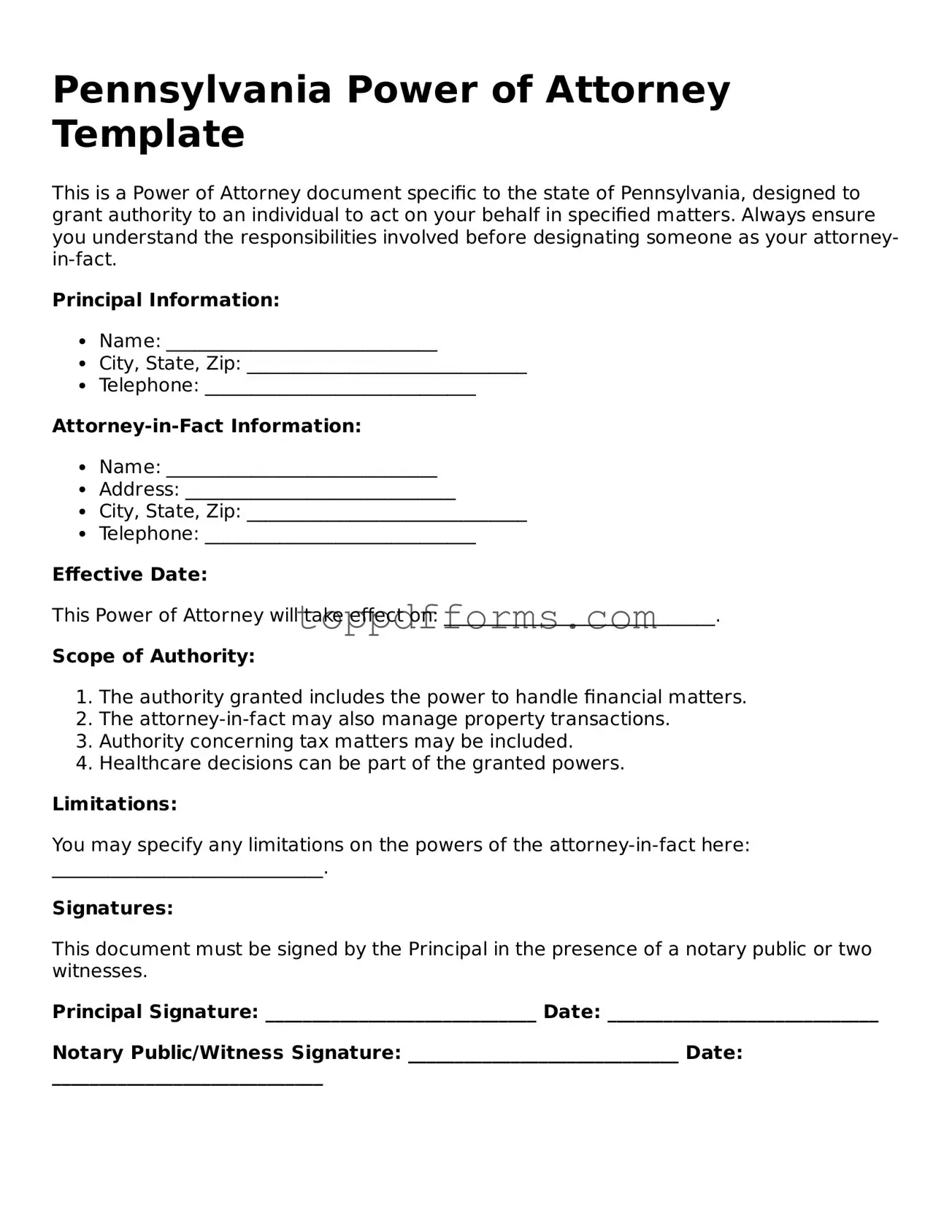Power of Attorney Document for Pennsylvania State