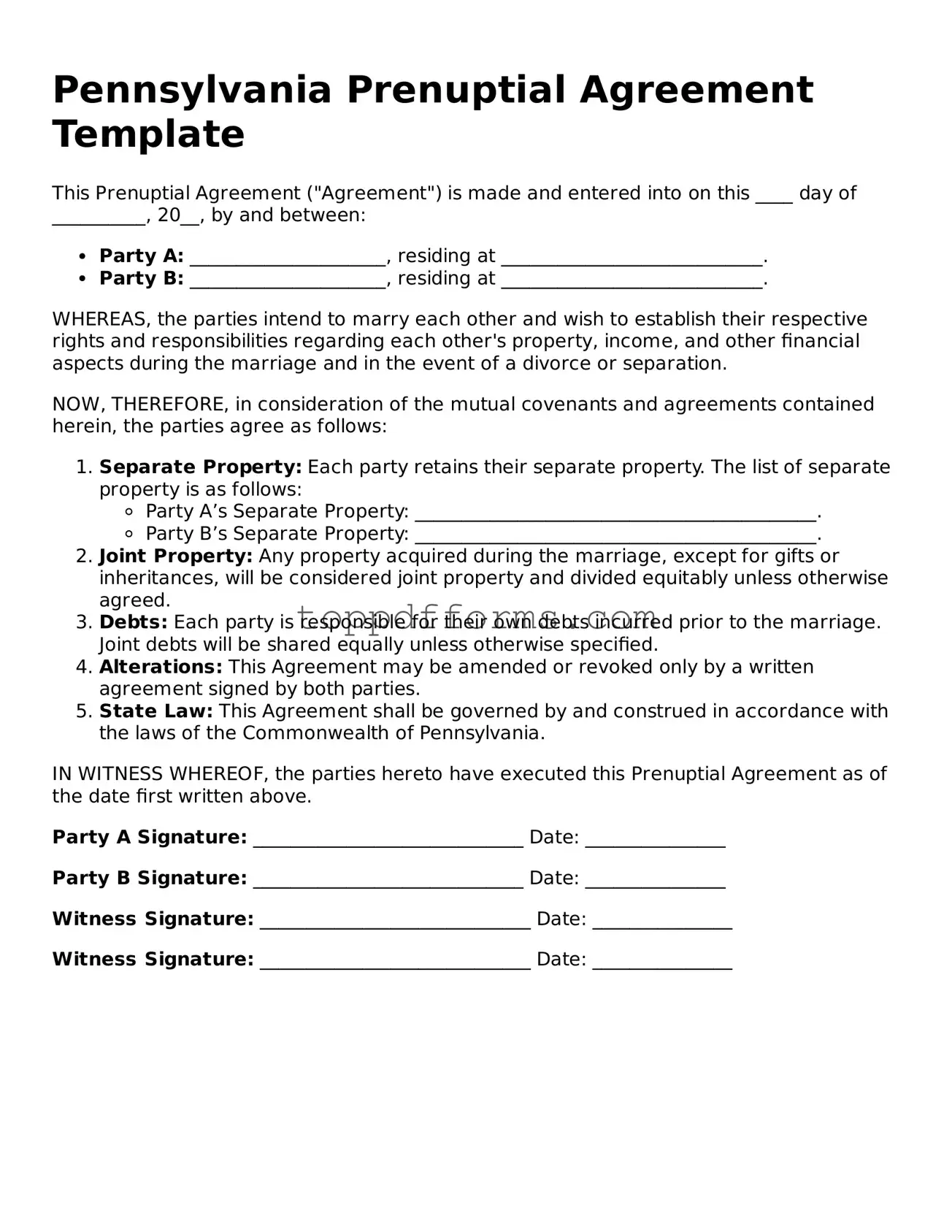 Prenuptial Agreement Document for Pennsylvania State