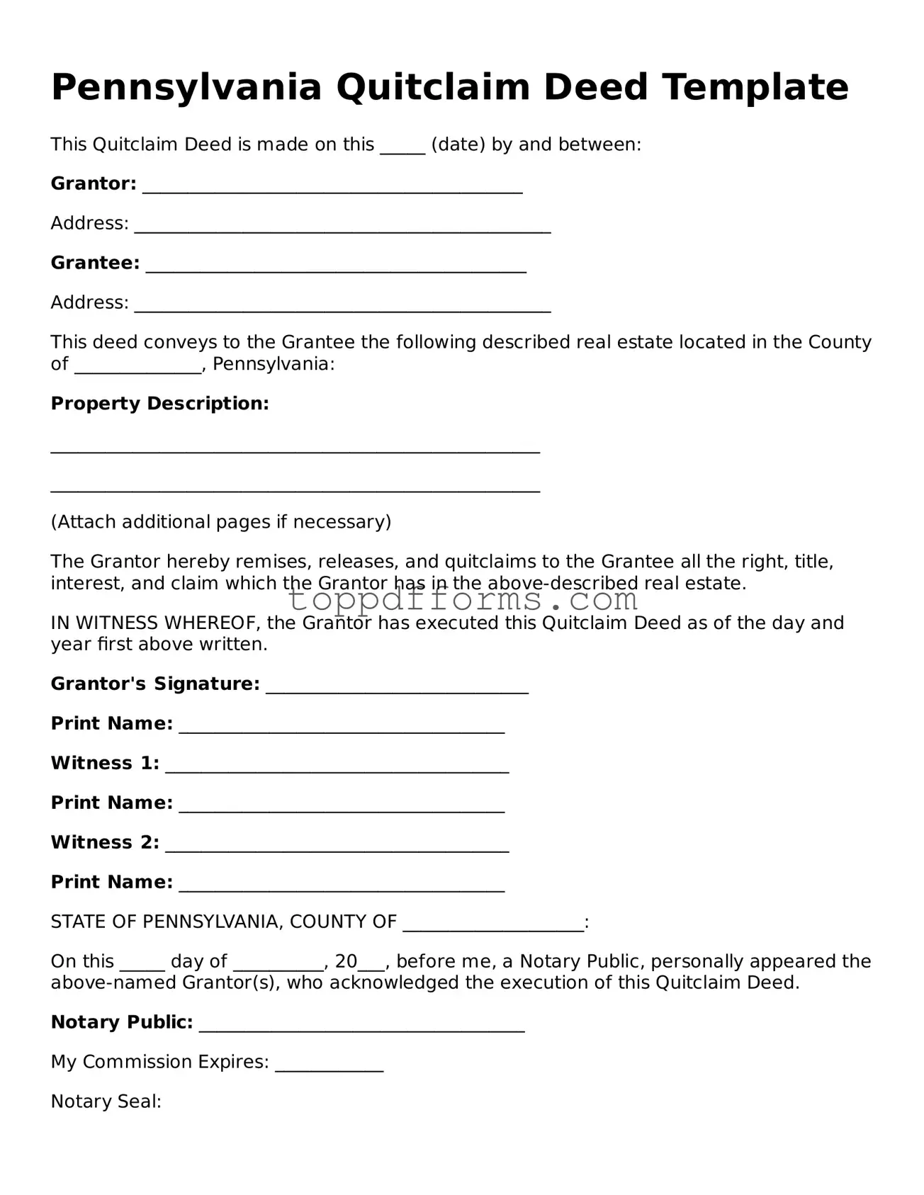 Quitclaim Deed Document for Pennsylvania State