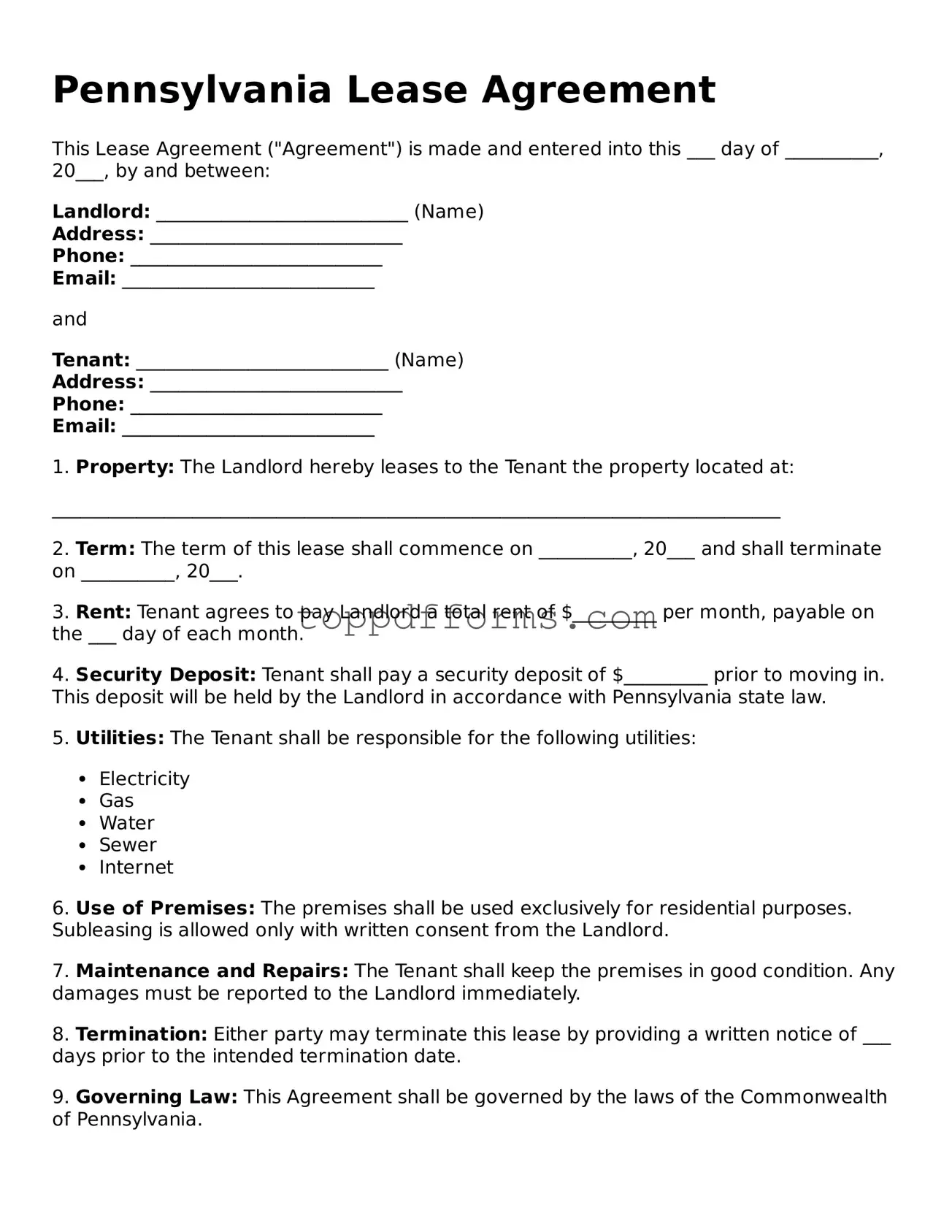 Lease Agreement Document for Pennsylvania State