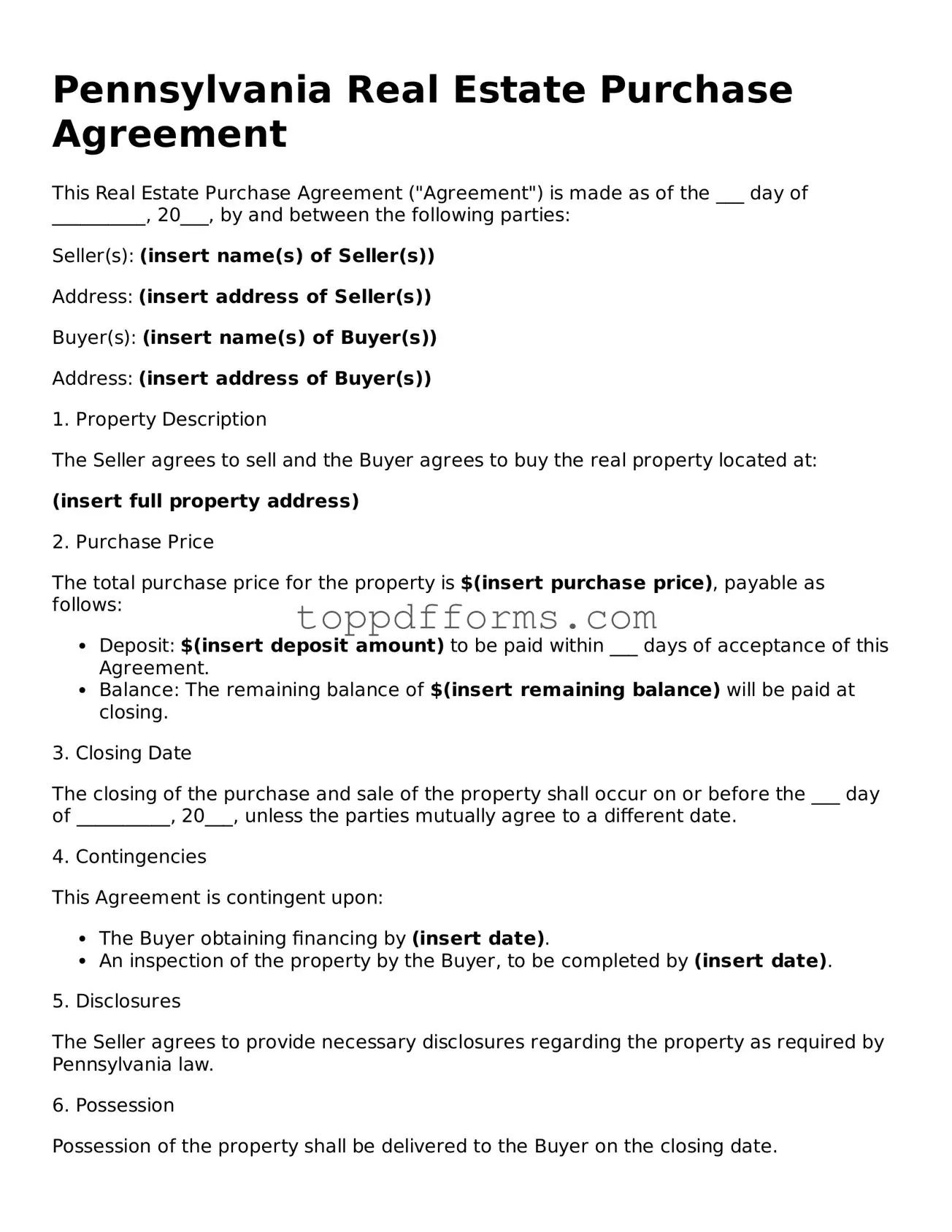 Real Estate Purchase Agreement Document for Pennsylvania State
